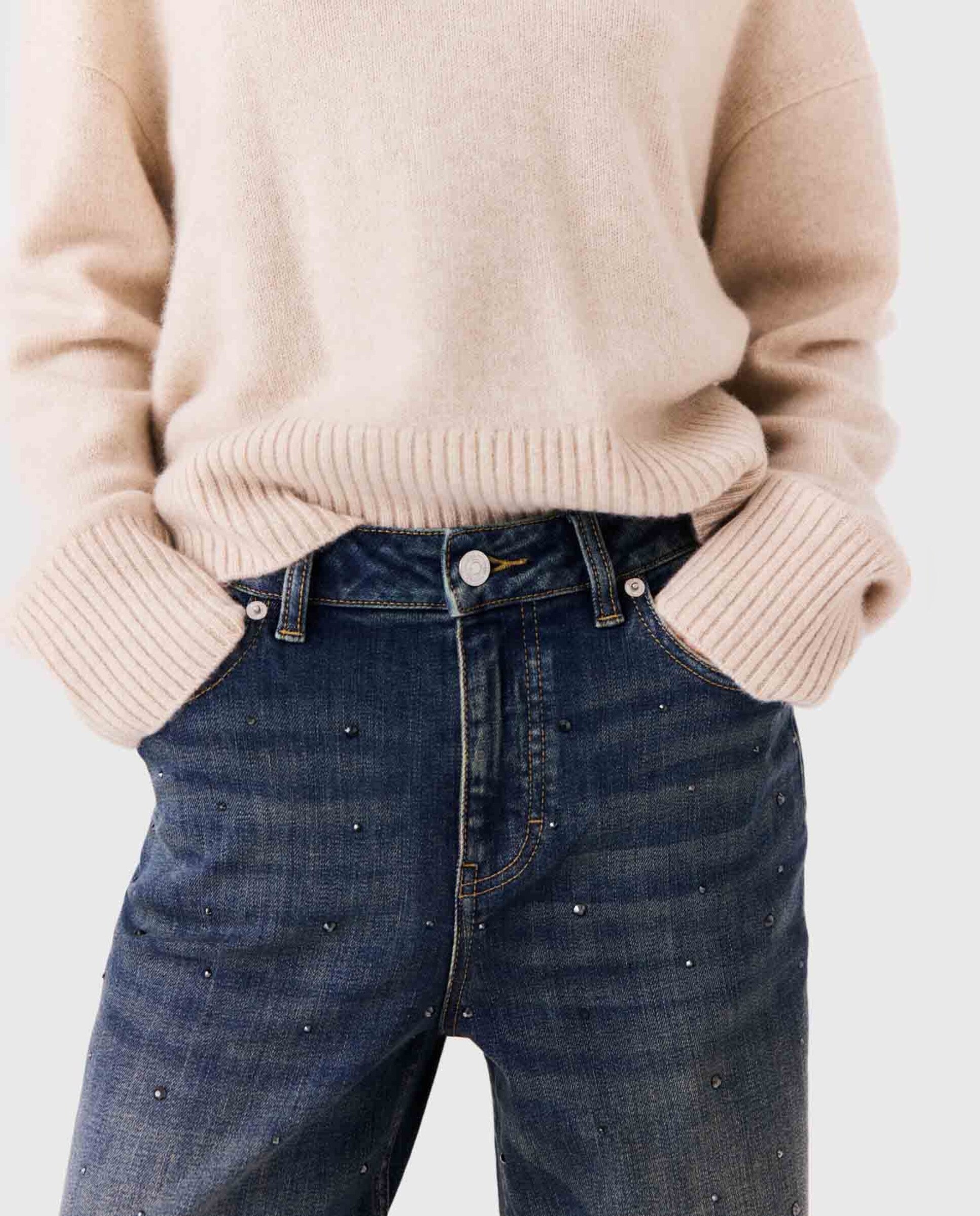 Vaquero ancho de mujer con strass de algodón desteñido - Maje - Azul Azul-4