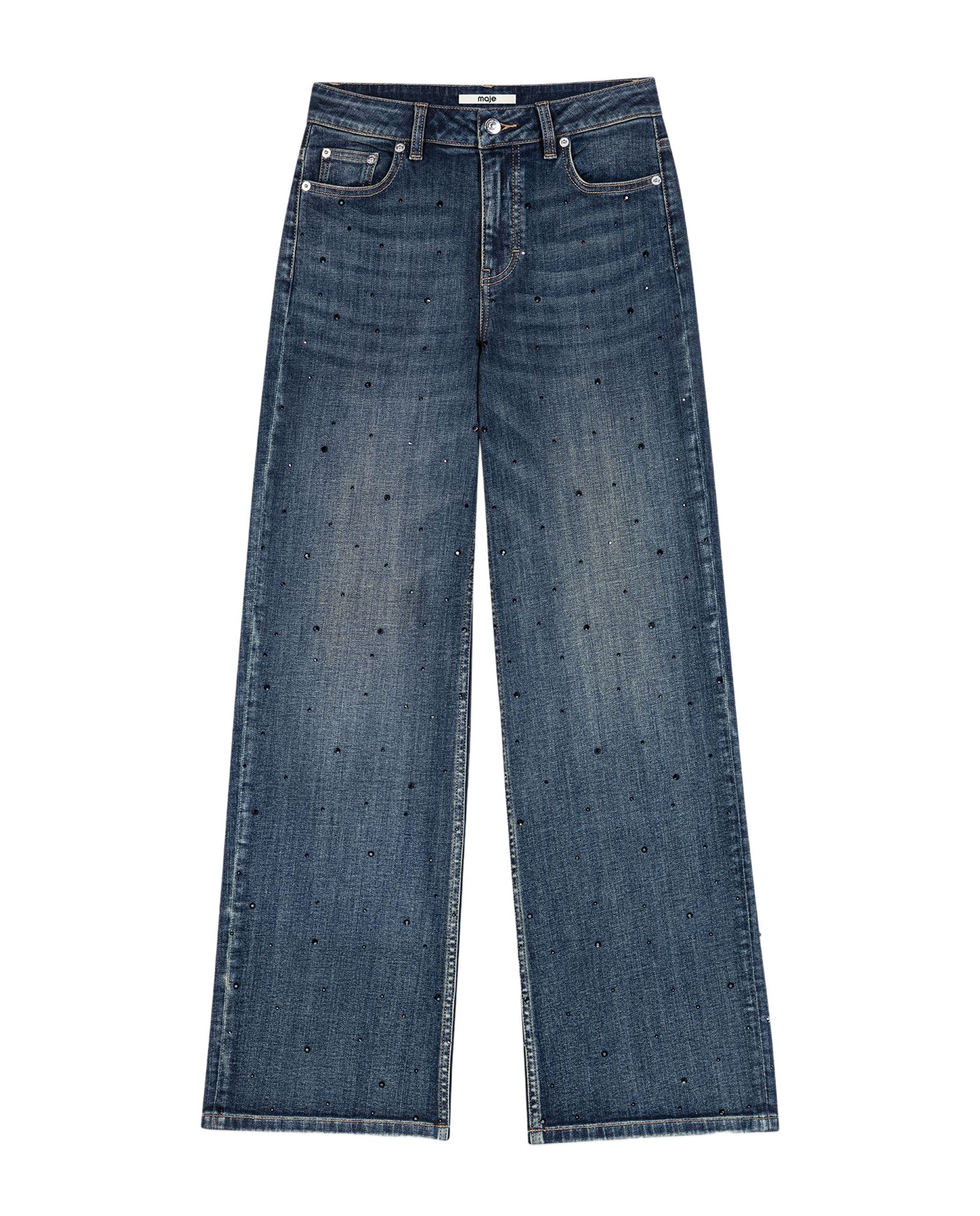 Vaquero ancho de mujer con strass de algodón desteñido - Maje - Azul Azul-6