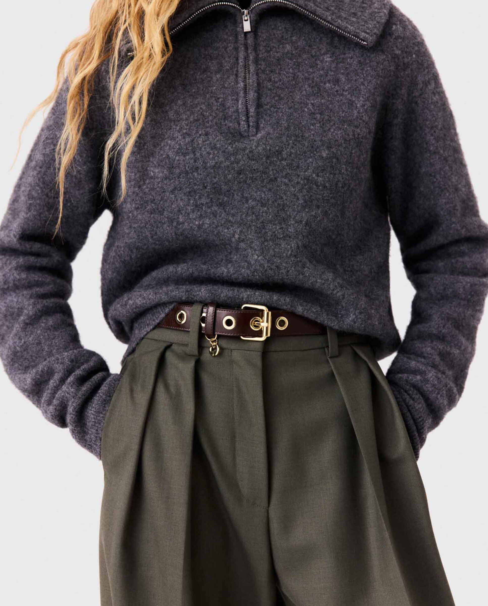 Cinturón de mujer ancho de piel con hebilla rectangular - Maje - Marrón oscuro Marrón oscuro-2