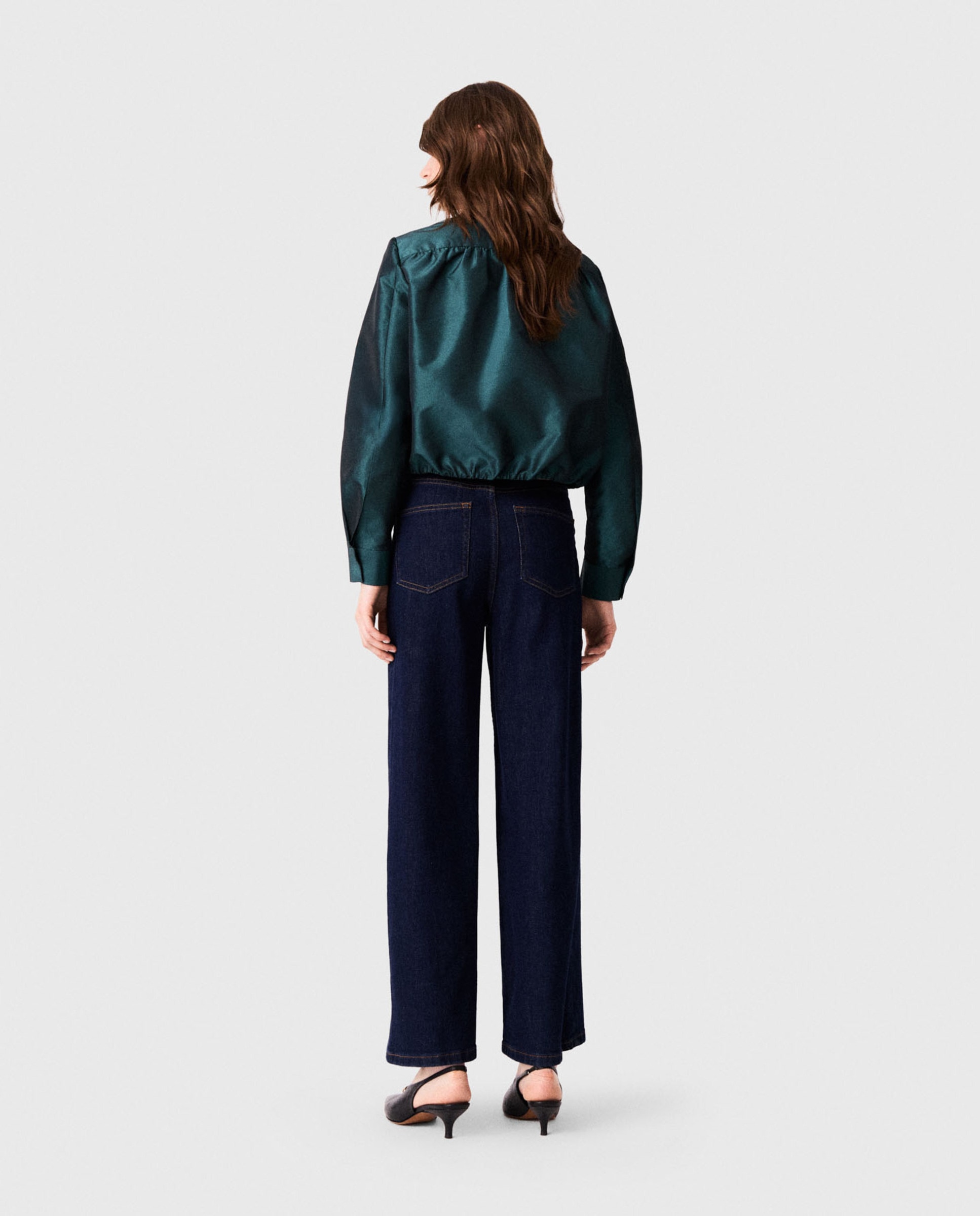 Blusa de mujer satinada corta con lazo desmontable - Maje - Verde Verde-2