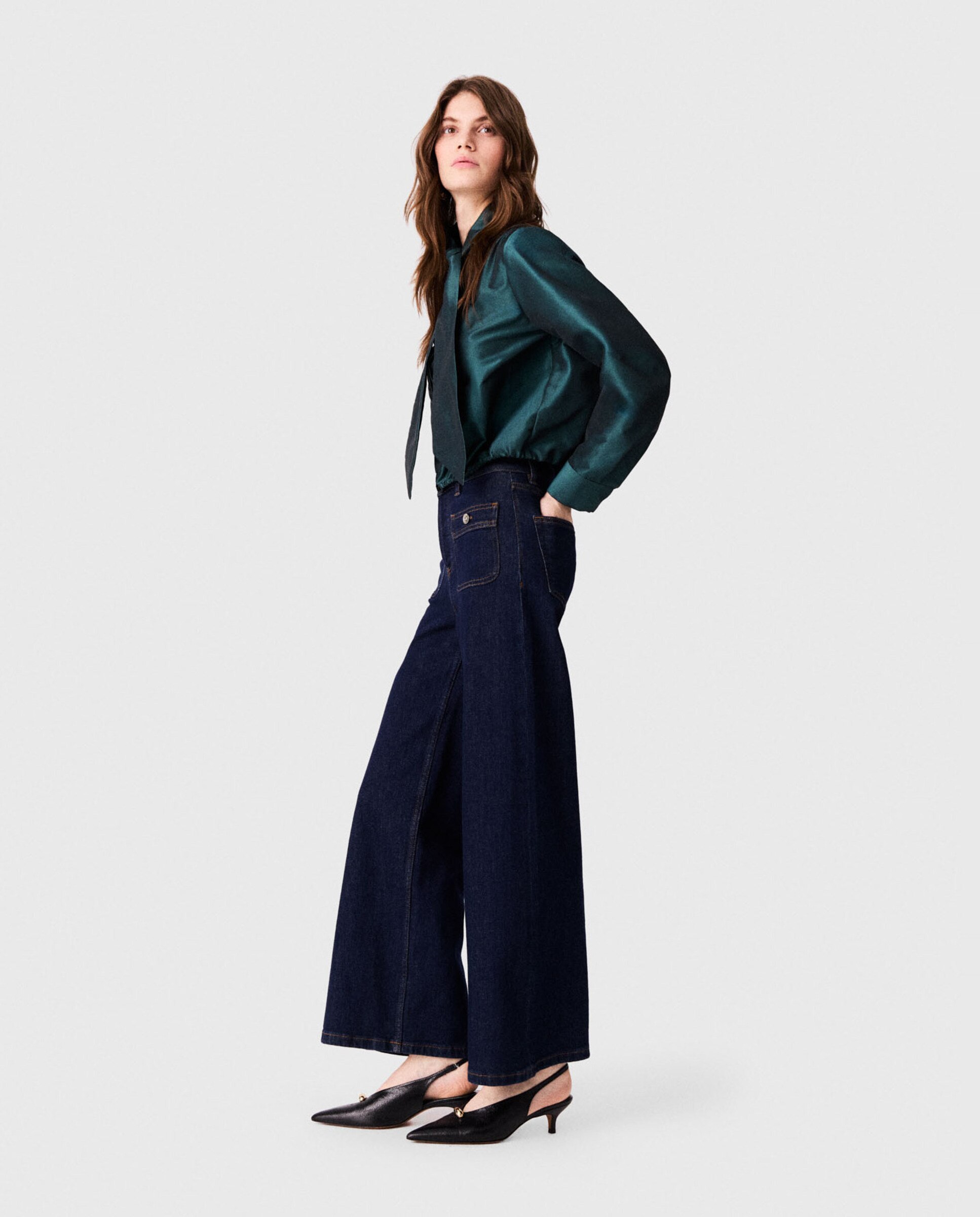 Blusa de mujer satinada corta con lazo desmontable - Maje - Verde Verde-3