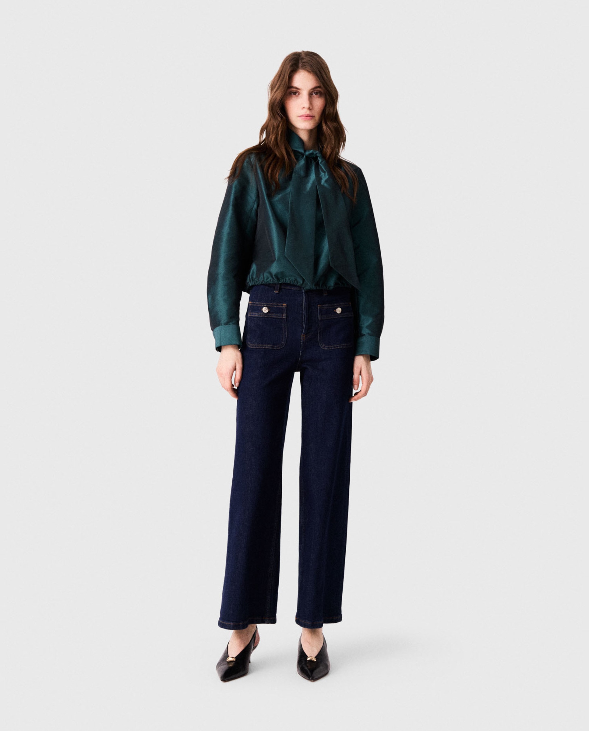 Blusa de mujer satinada corta con lazo desmontable - Maje - Verde Verde-4