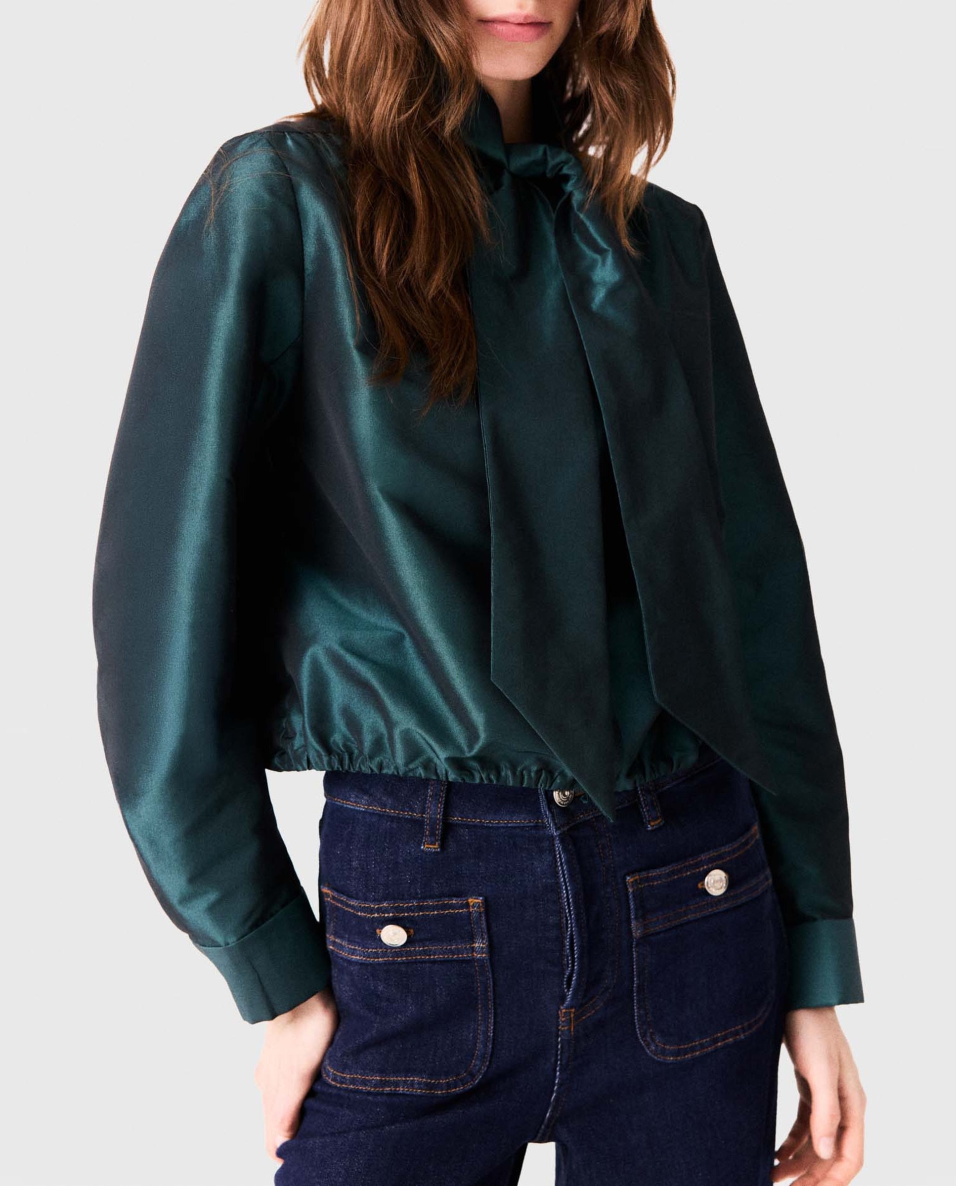 Blusa de mujer satinada corta con lazo desmontable - Maje - Verde Verde-5