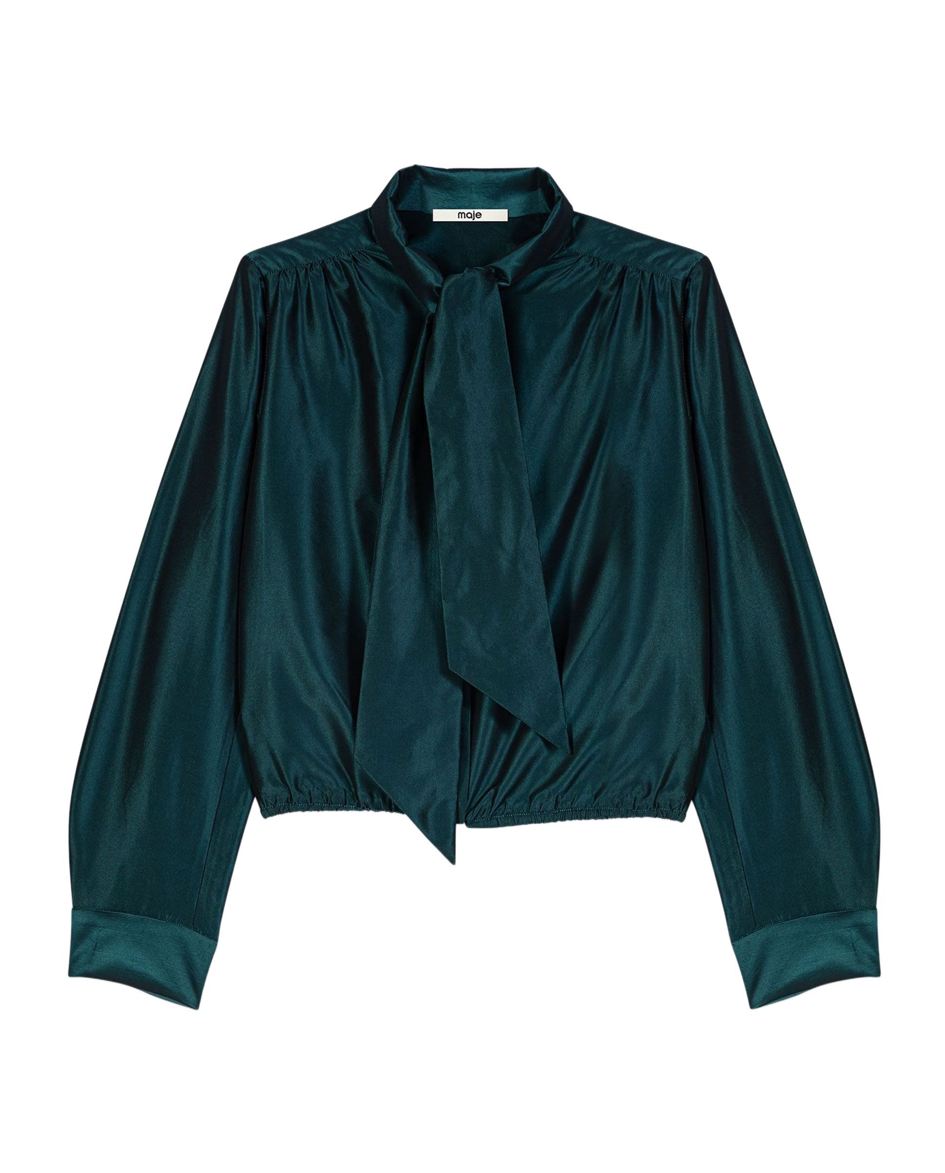 Blusa de mujer satinada corta con lazo desmontable - Maje - Verde Verde-7