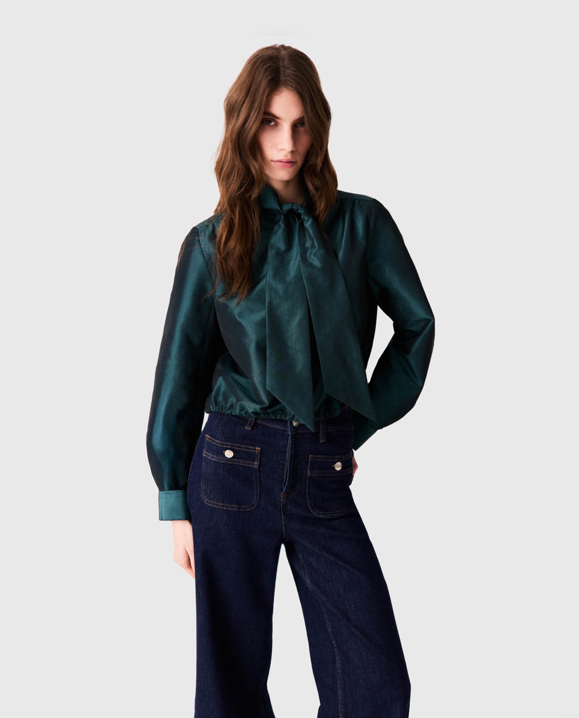 Blusa de mujer satinada corta con lazo desmontable - Maje - Verde Verde-6