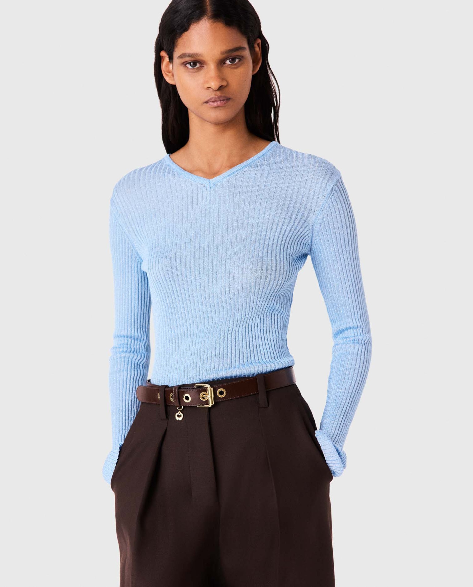 Imagen 0 de Jersey de mujer de punto de lúrex ajustado con escote v Azul claro
