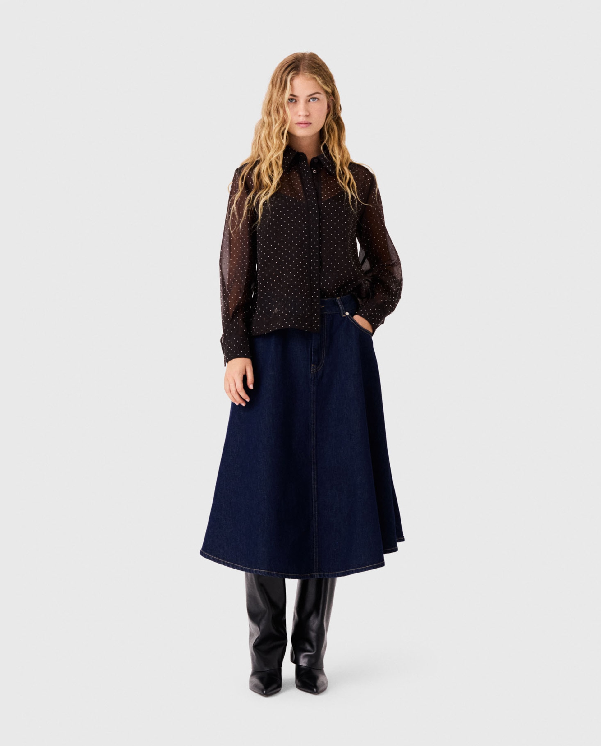 Camisa de mujer con pedrería y transparencias - Maje - Marrón oscuro Marrón oscuro-4