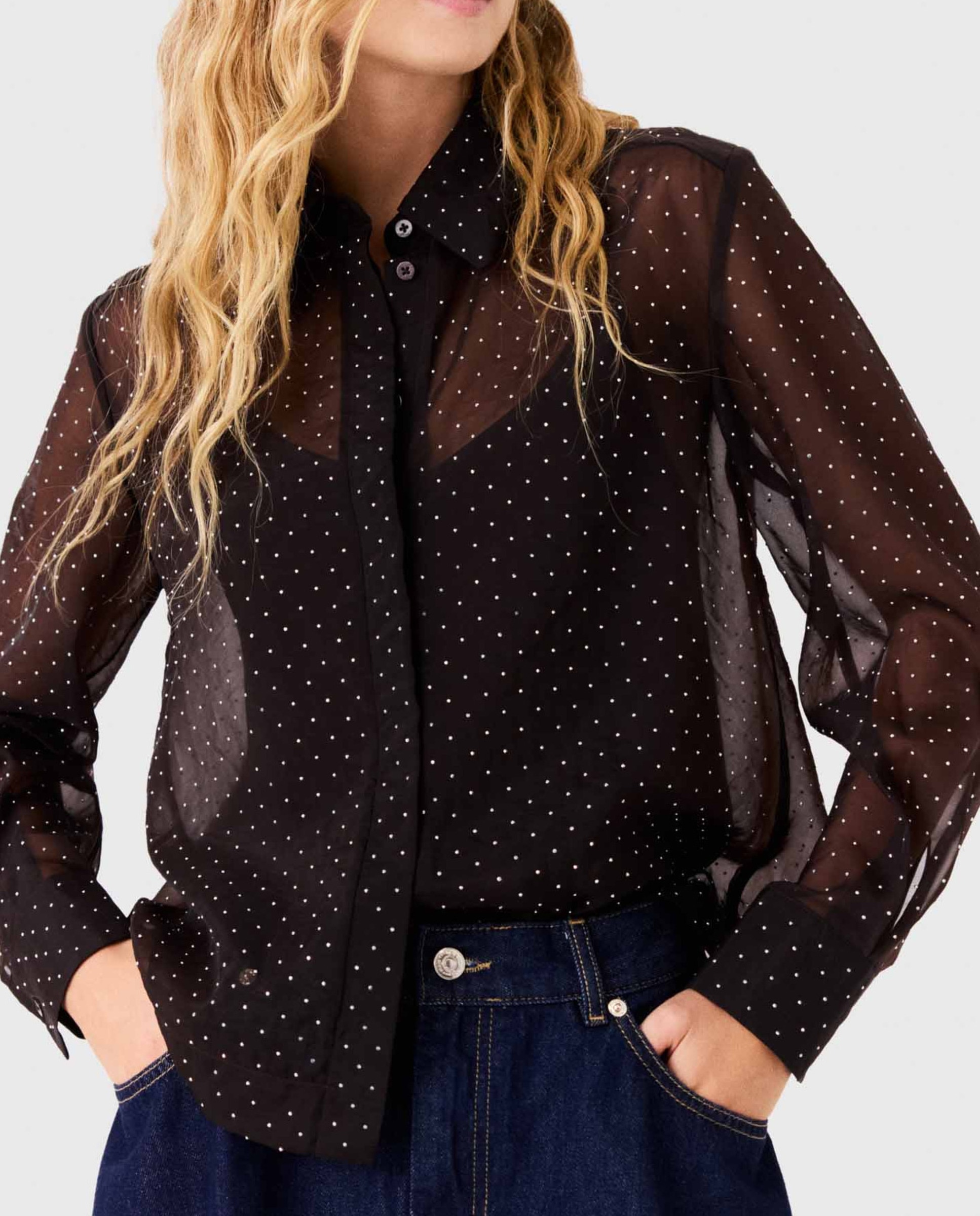 Camisa de mujer con pedrería y transparencias - Maje - Marrón oscuro Marrón oscuro-5