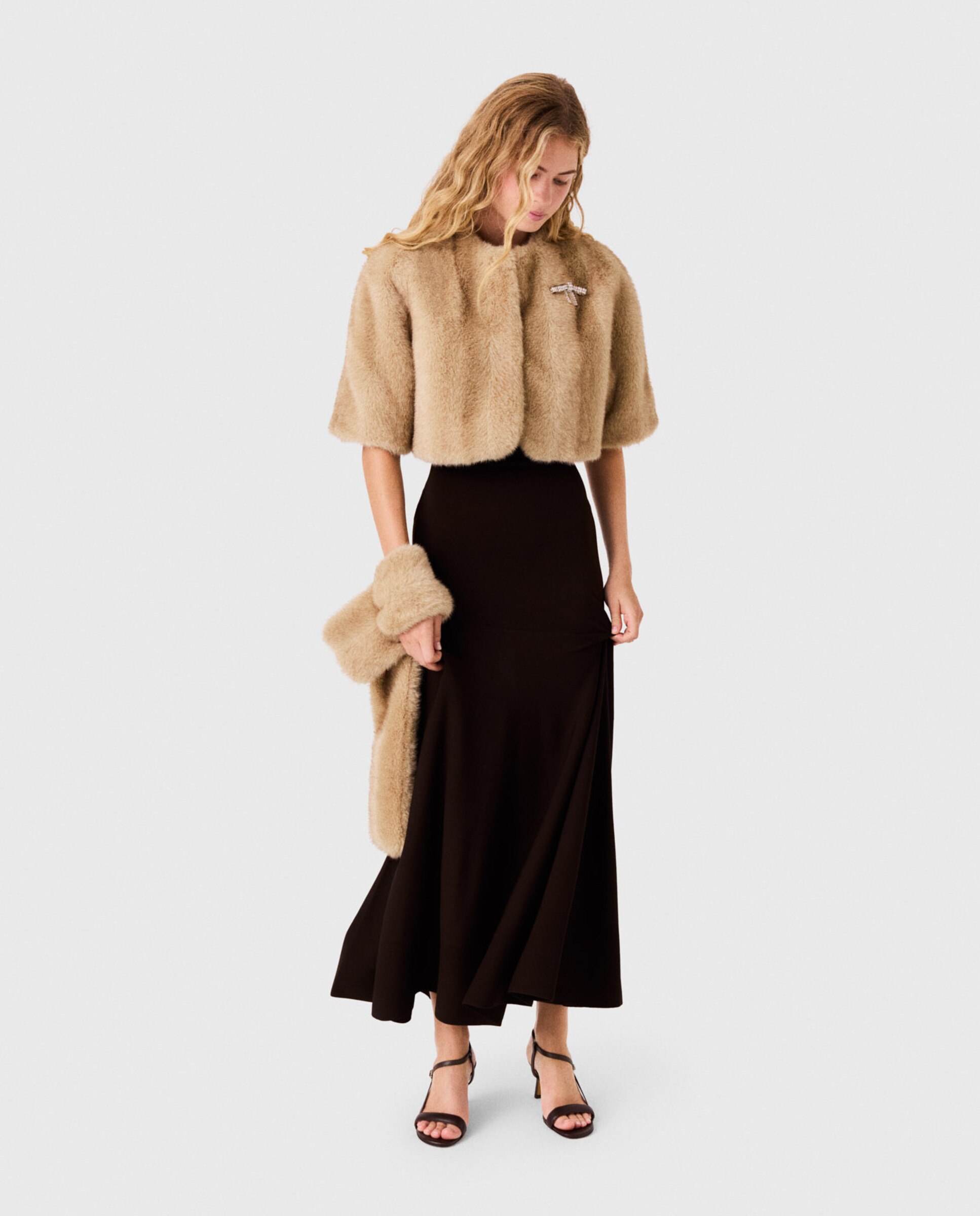 Chaqueta de mujer corta de piel sintética con cuello desmontable - Maje - Beige Beige-5