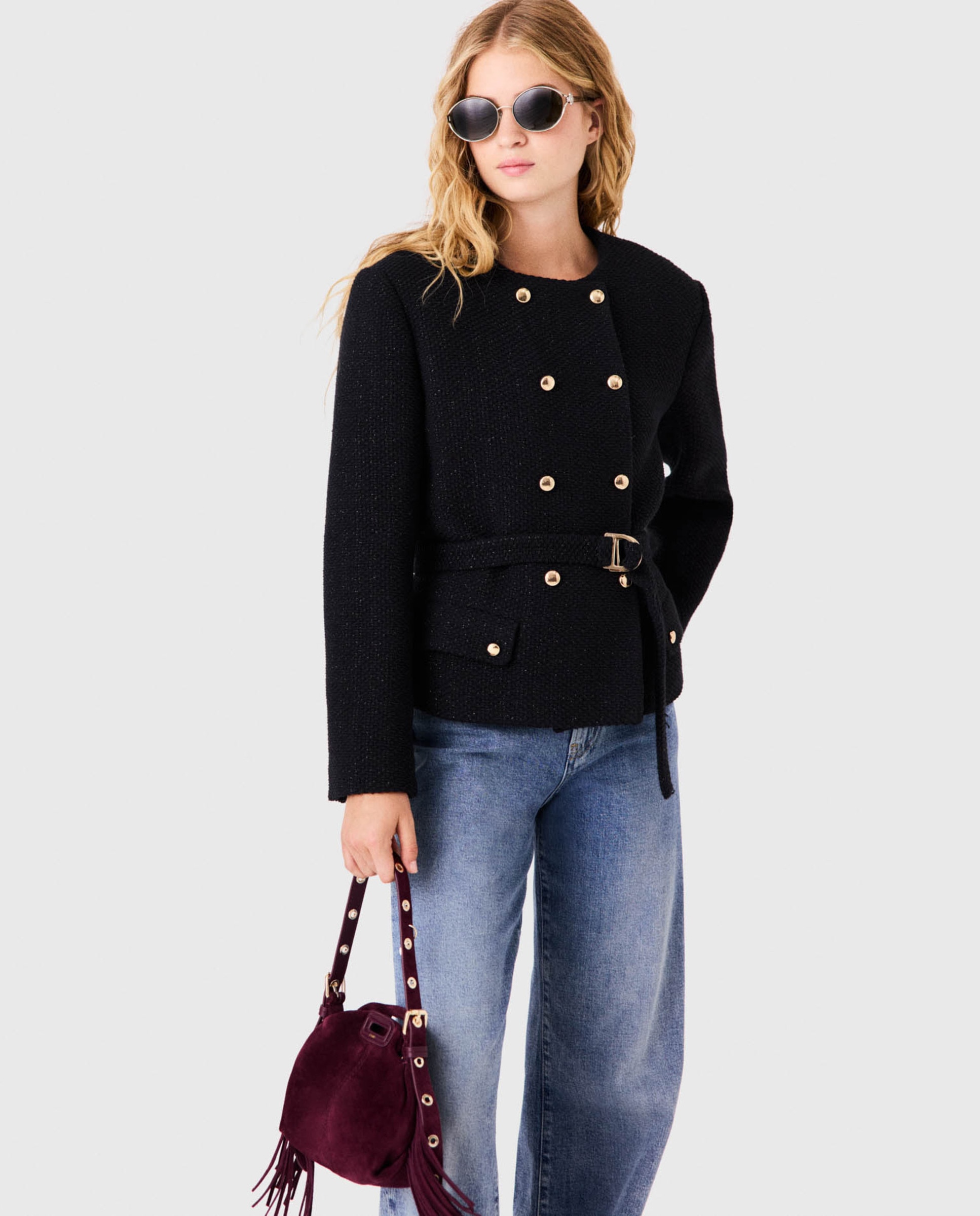 Chaqueta de mujer texturizada cruzada - Maje - Negro Negro-1