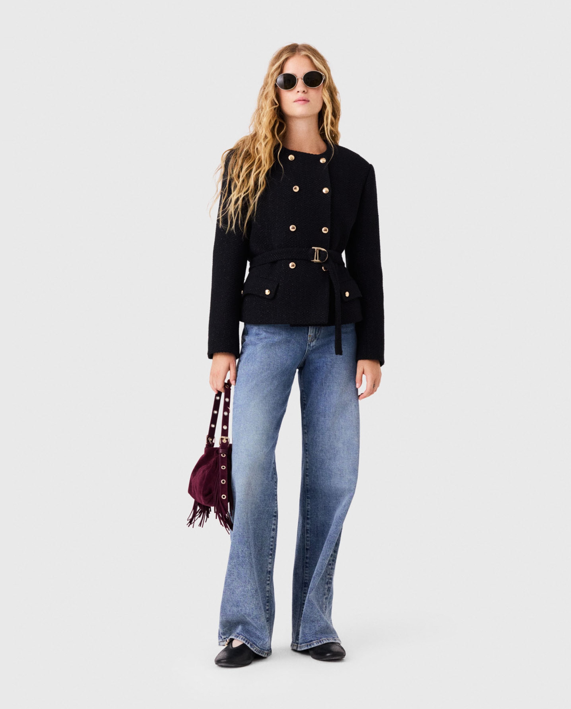 Chaqueta de mujer texturizada cruzada - Maje - Negro Negro-4