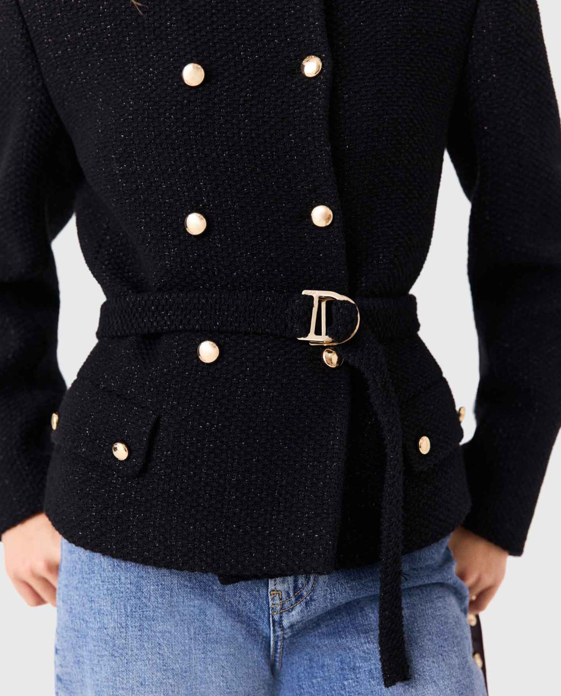 Chaqueta de mujer texturizada cruzada - Maje - Negro Negro-5