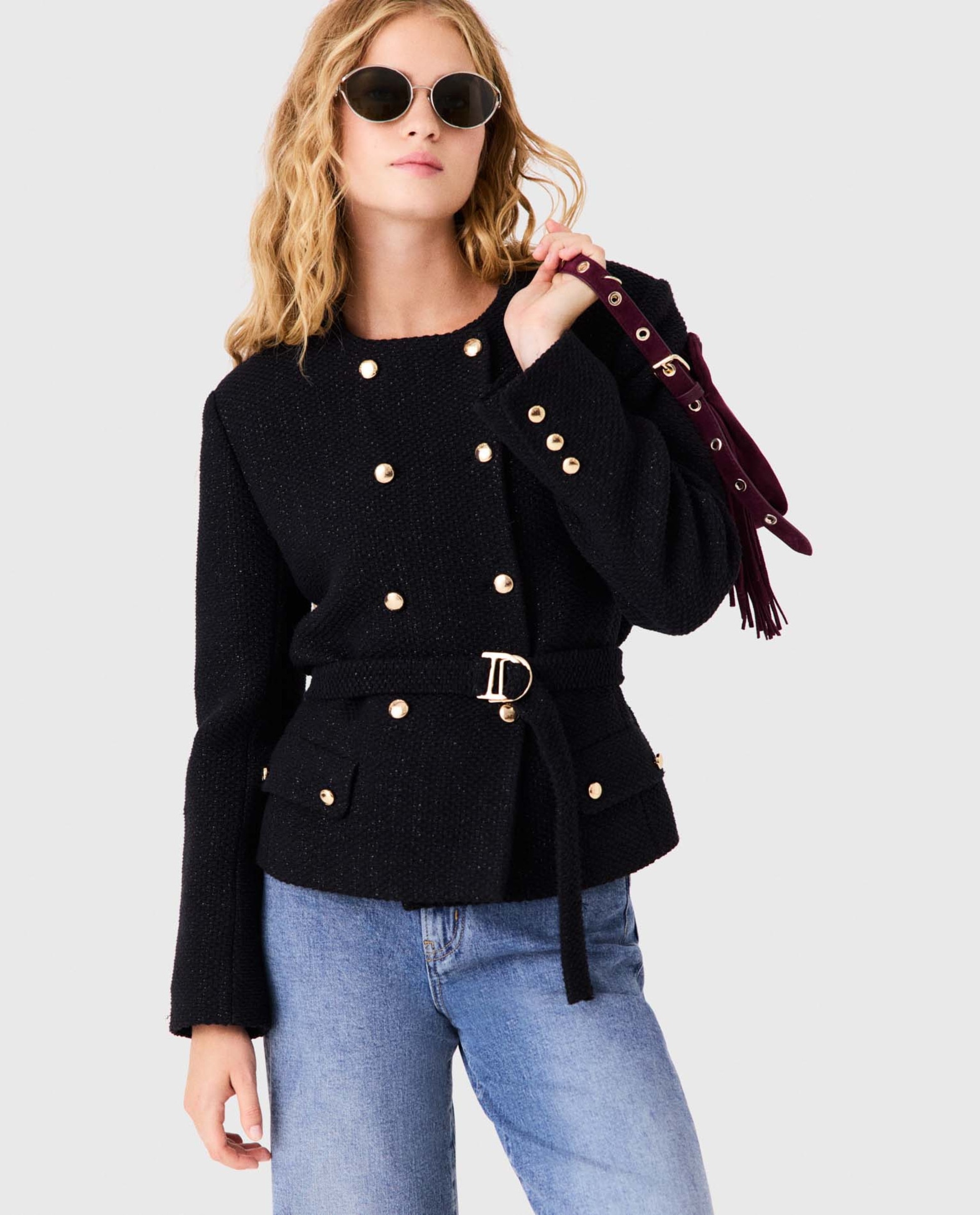 Chaqueta de mujer texturizada cruzada - Maje - Negro Negro-6
