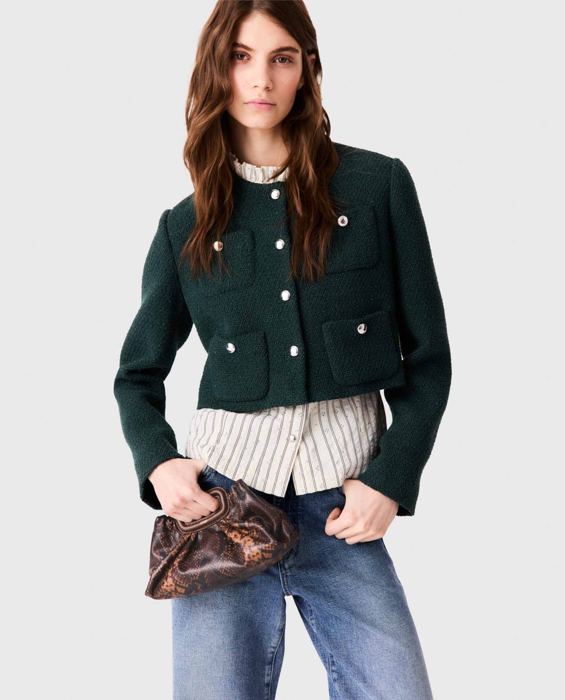 Chaqueta de mujer corta de tweed con flecos - Maje - Verde Verde-1