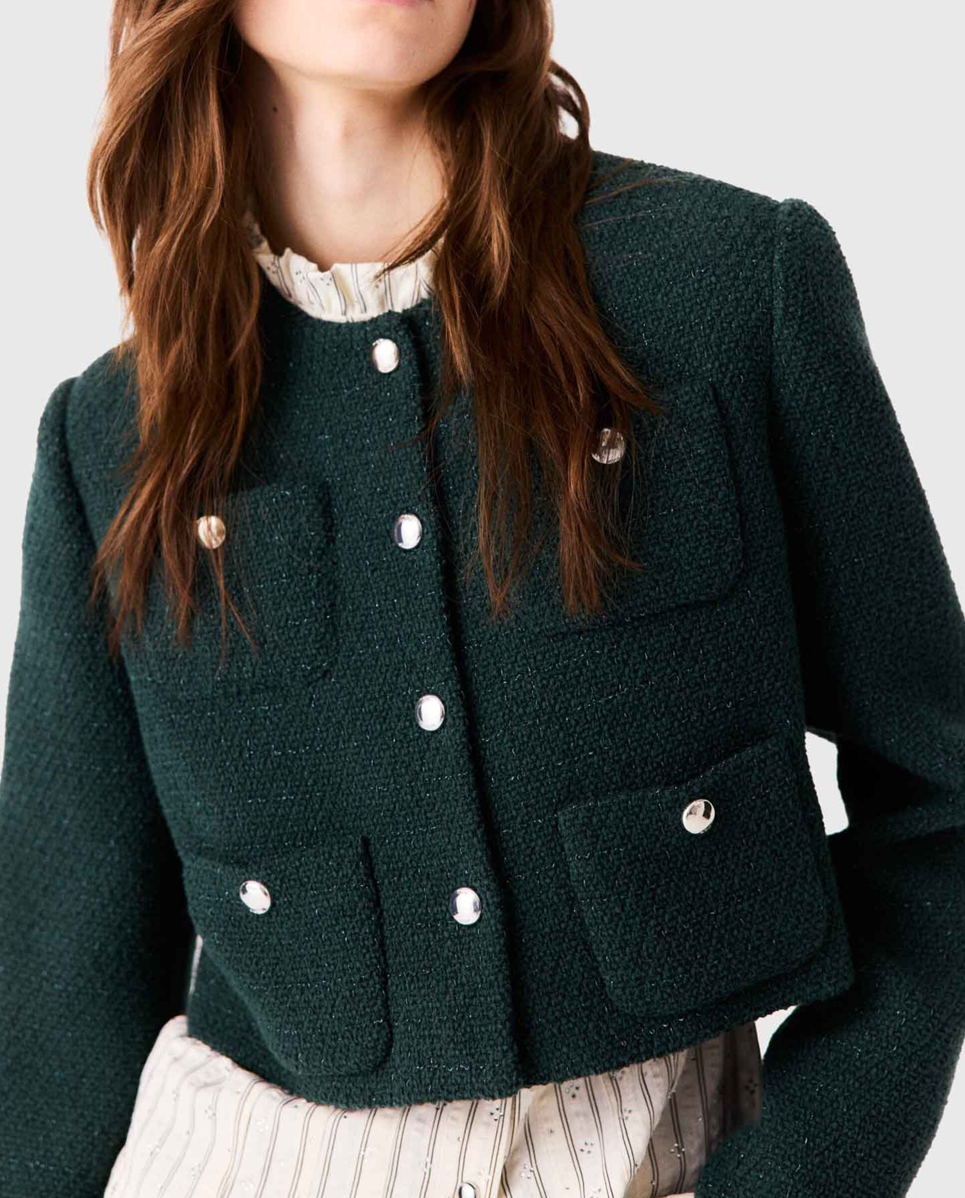 Chaqueta de mujer corta de tweed con flecos - Maje - Verde Verde-5