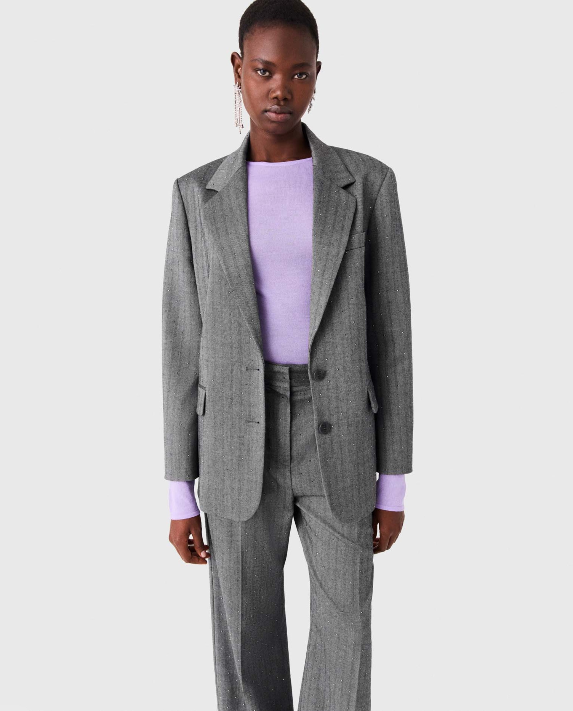 Imagen 0 de Chaqueta sastre de mujer de rayas con strass Gris