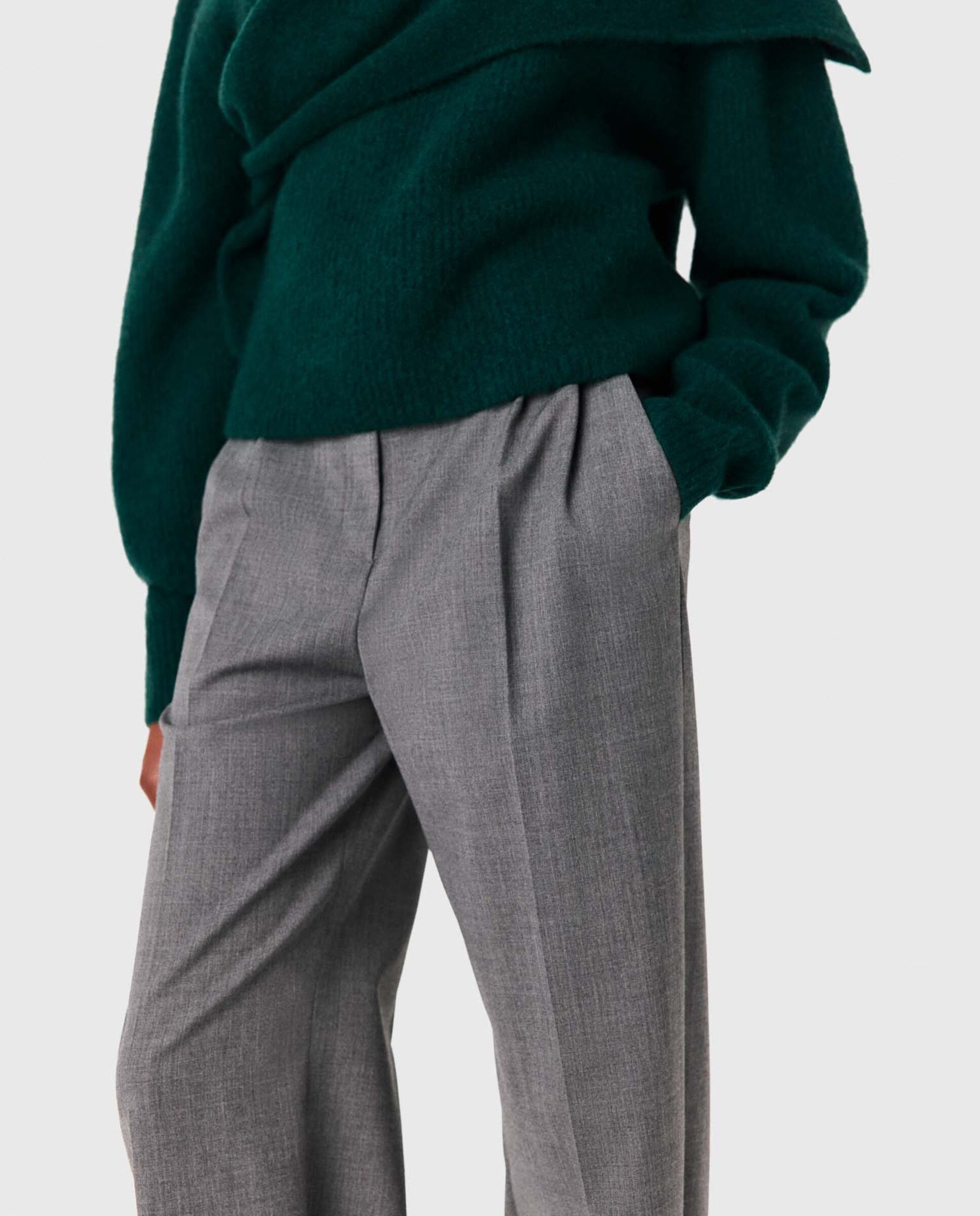 Pantalones anchos de mujer con lana virgen y pliegues - Maje - Gris Gris-5