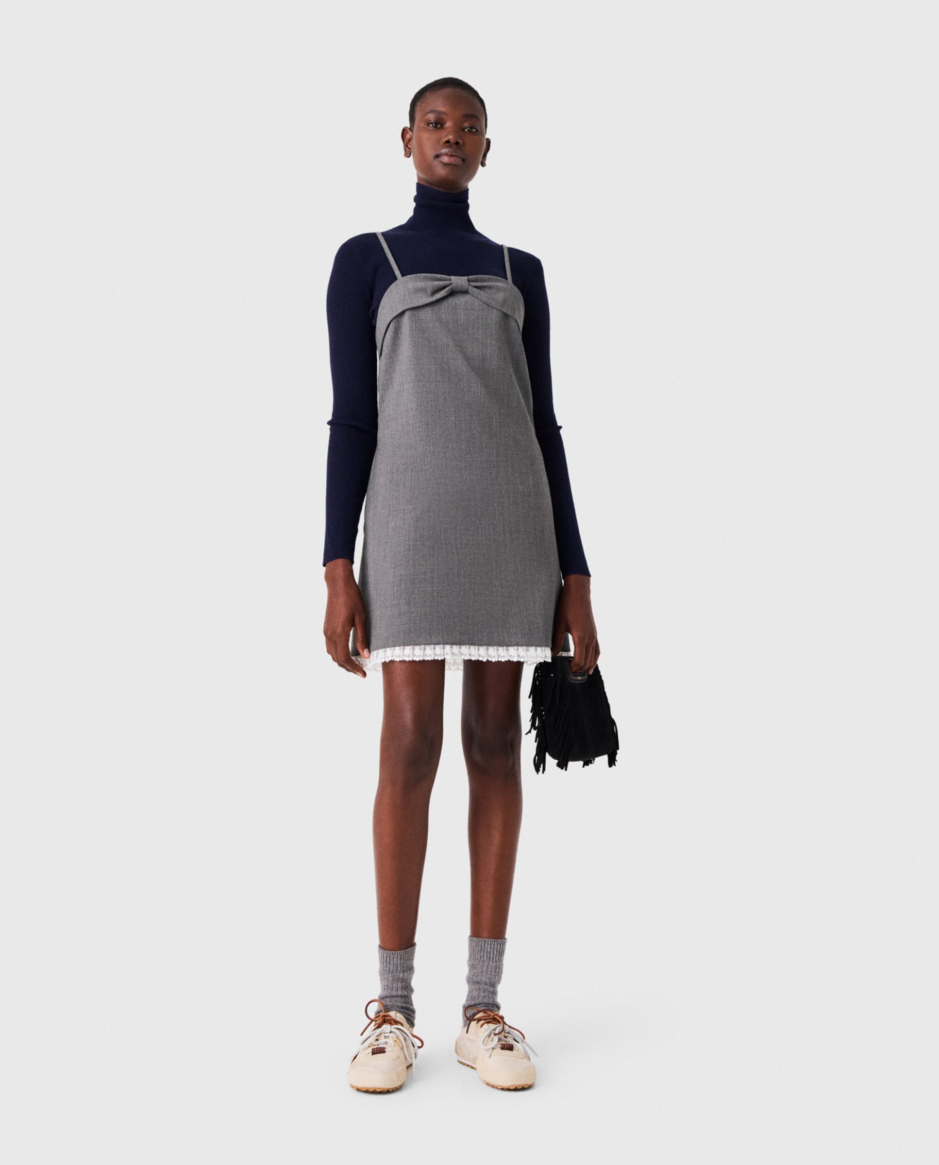 Vestido corto sastre con nudo drapeado y encaje - Maje - Gris Gris-1