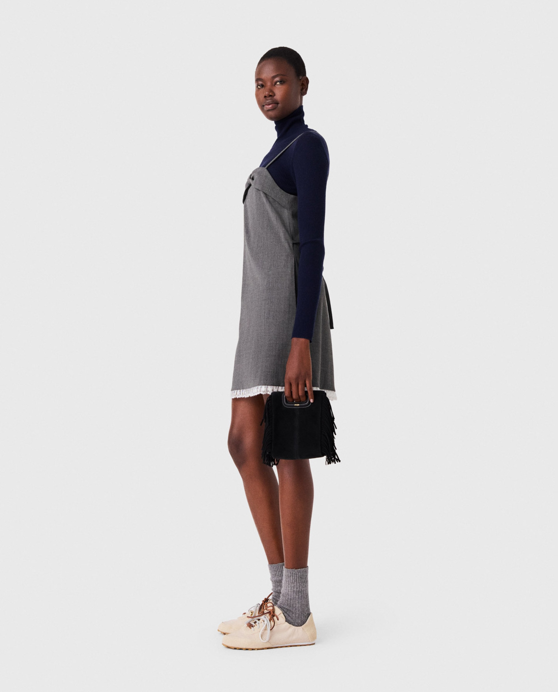 Vestido corto sastre con nudo drapeado y encaje - Maje - Gris Gris-2