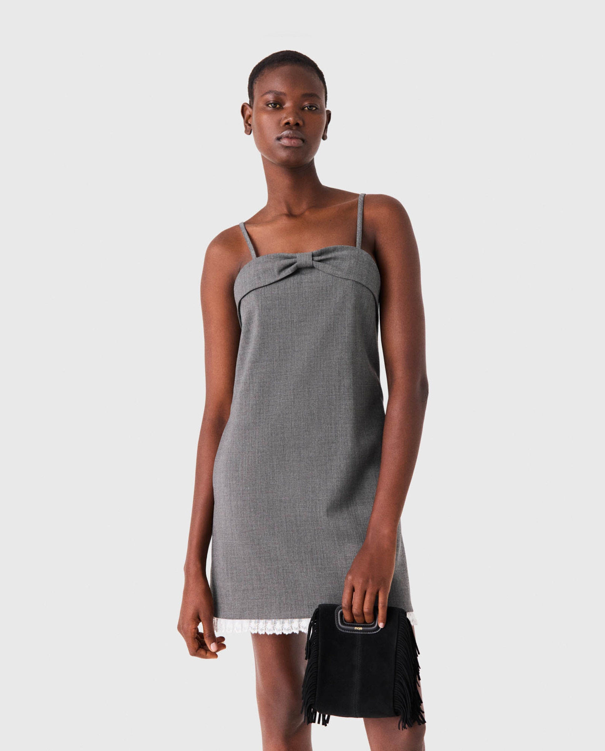 Vestido corto sastre con nudo drapeado y encaje - Maje - Gris Gris-4