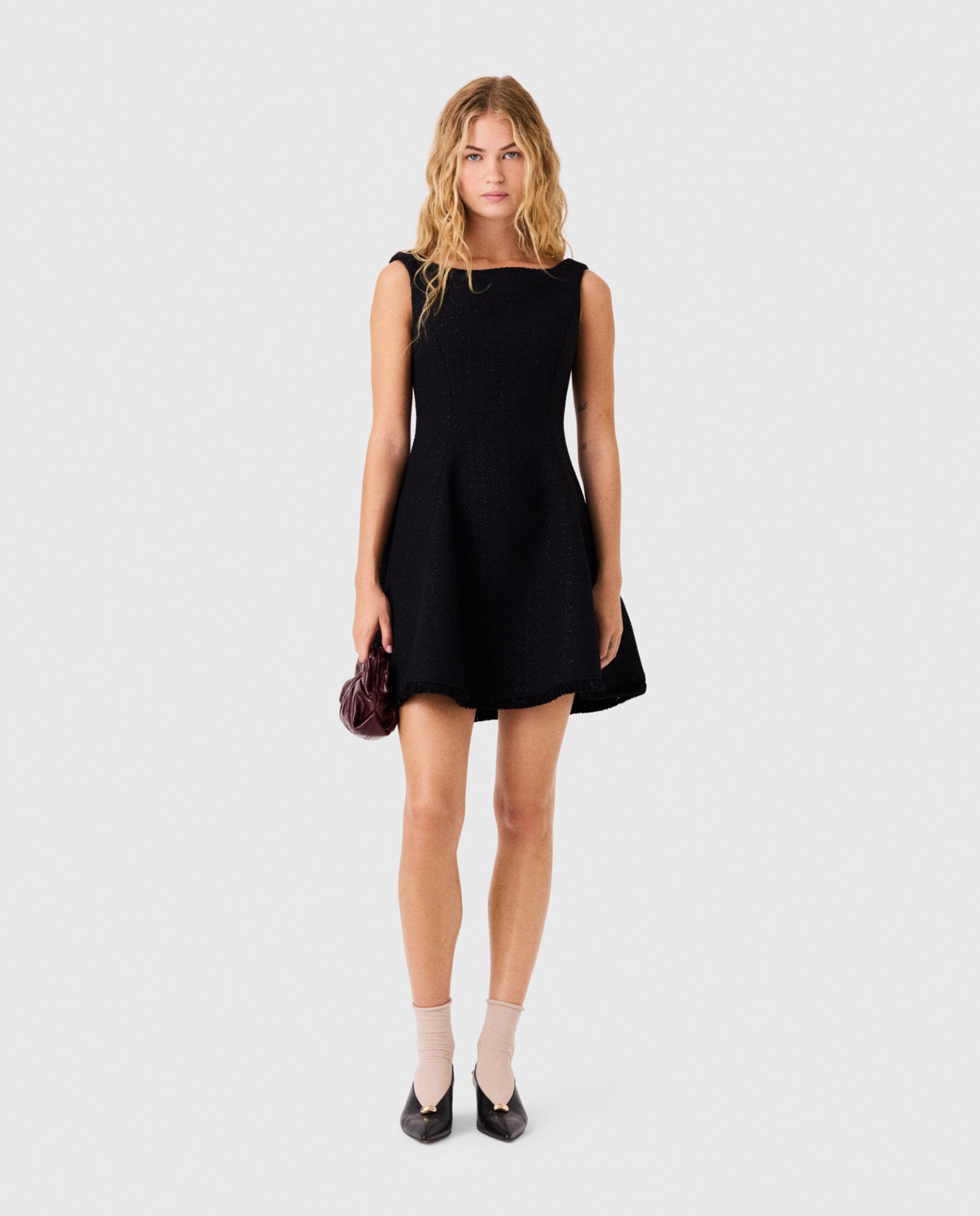 Vestido corto de tweed acampanado con flecos - Maje - Negro Negro-1