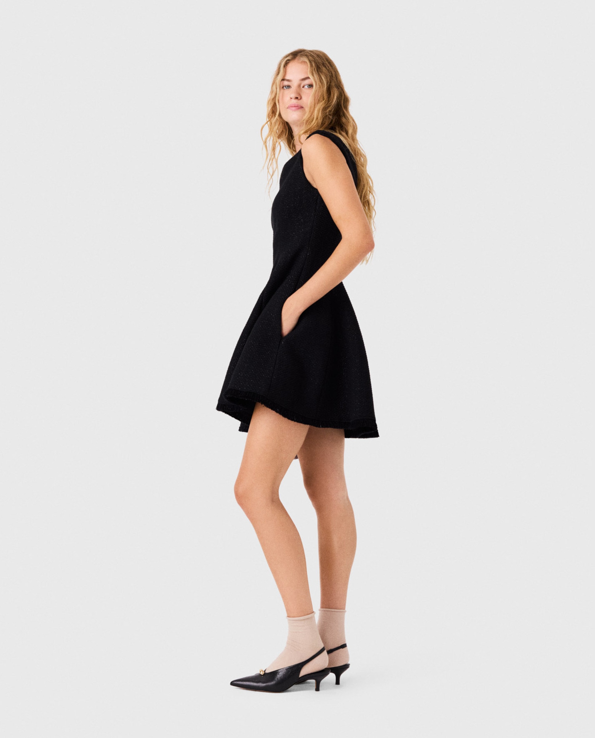 Vestido corto de tweed acampanado con flecos - Maje - Negro Negro-2