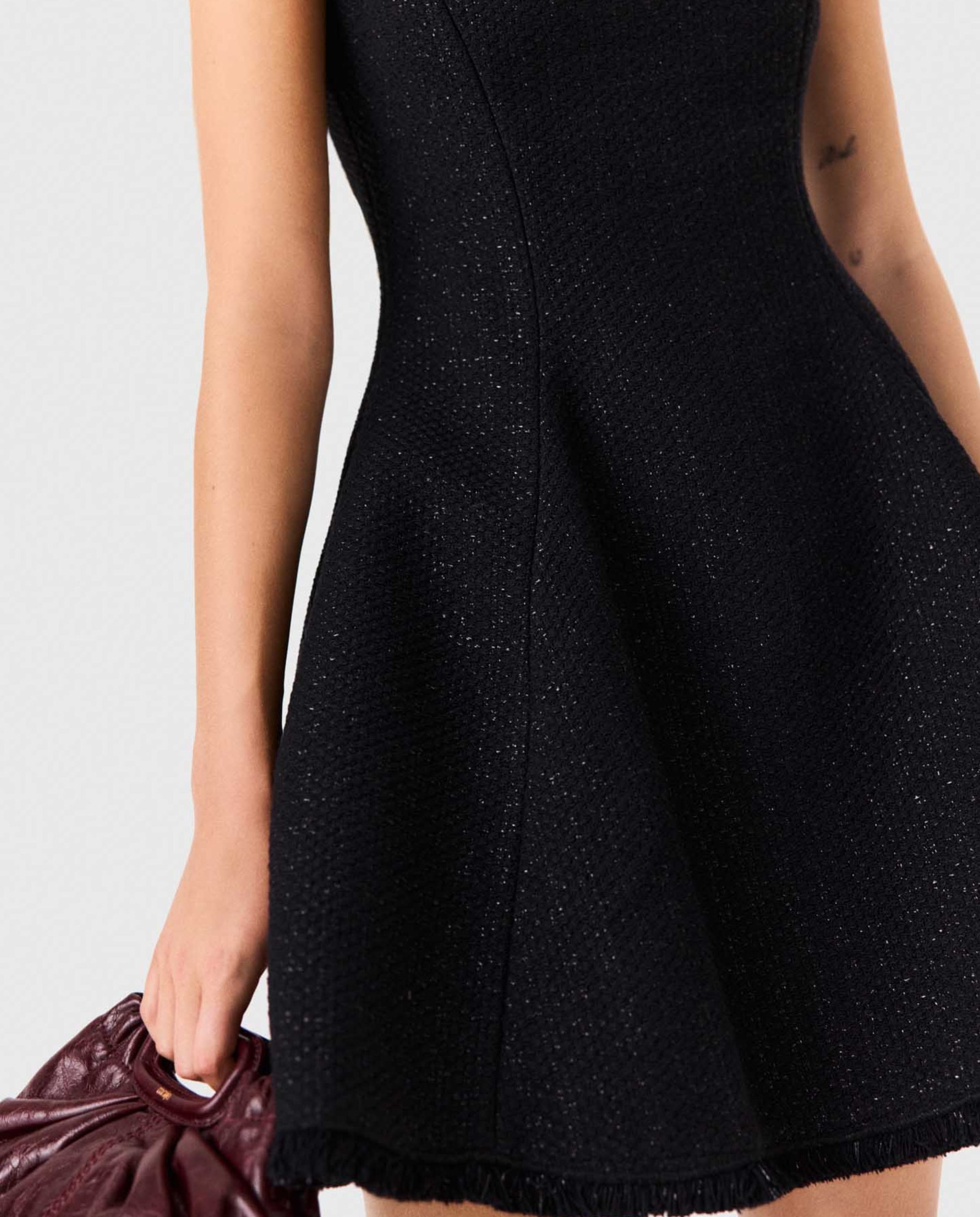 Vestido corto de tweed acampanado con flecos - Maje - Negro Negro-4