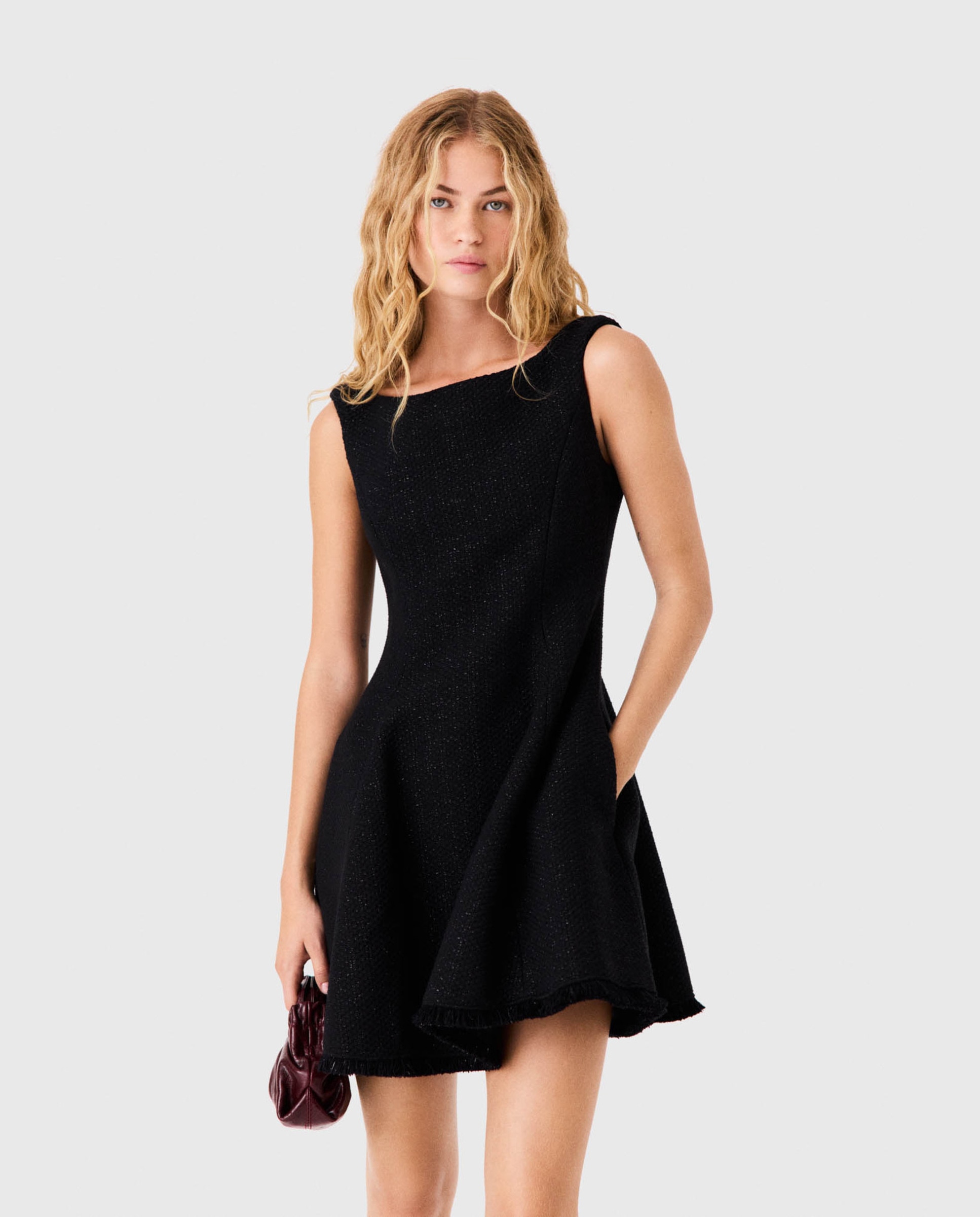 Vestido corto de tweed acampanado con flecos - Maje - Negro Negro-5