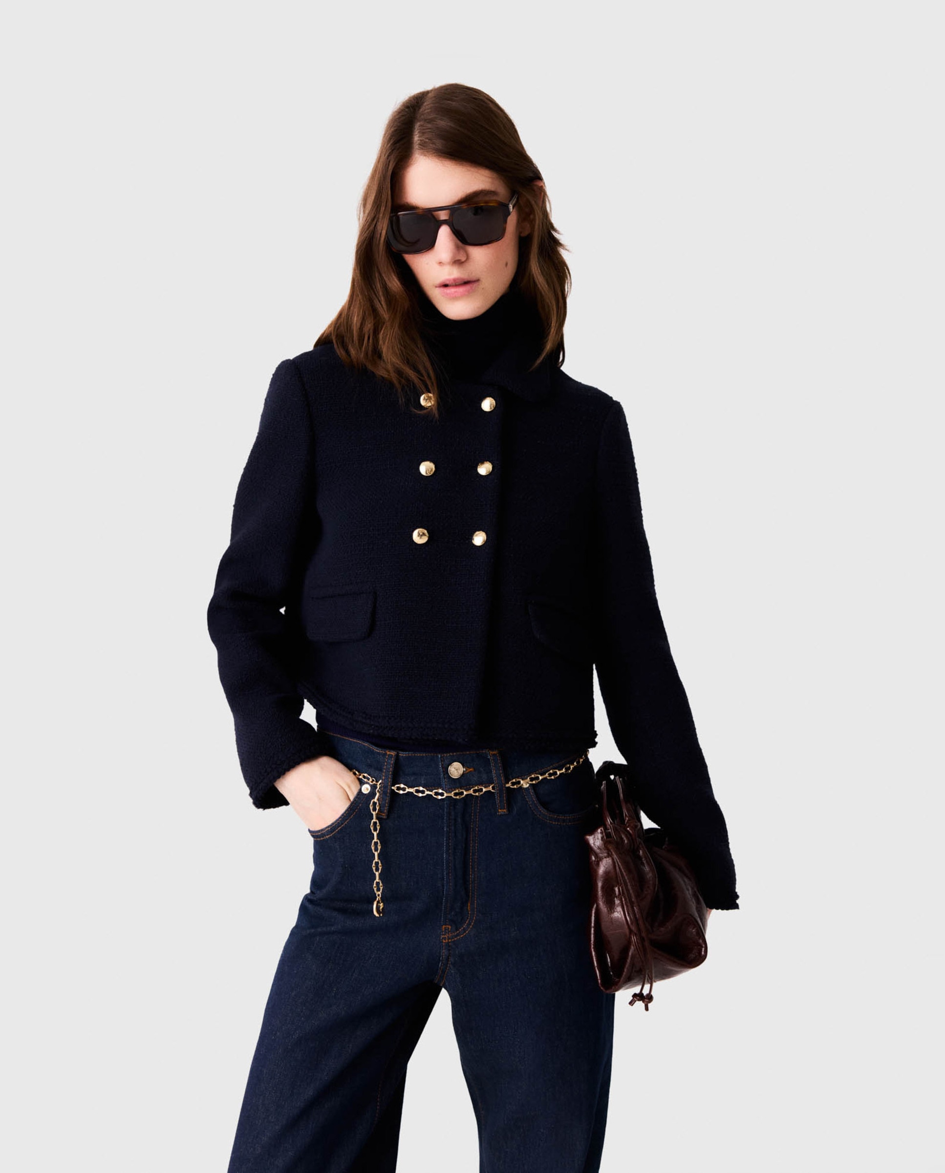 Chaqueta de mujer corta ajustada de tweed - Maje - Azul marino Azul marino-1