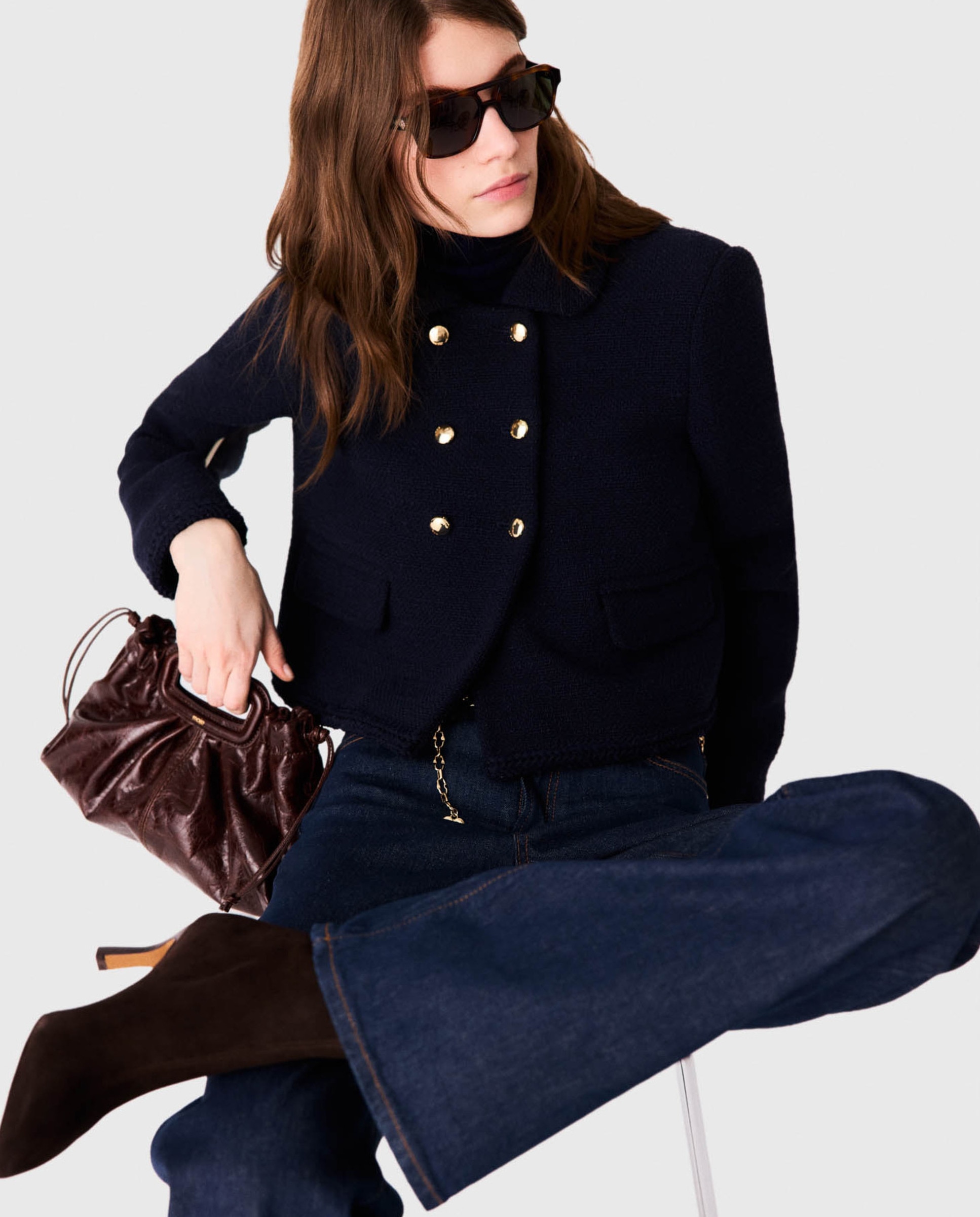Chaqueta de mujer corta ajustada de tweed - Maje - Azul marino Azul marino-6