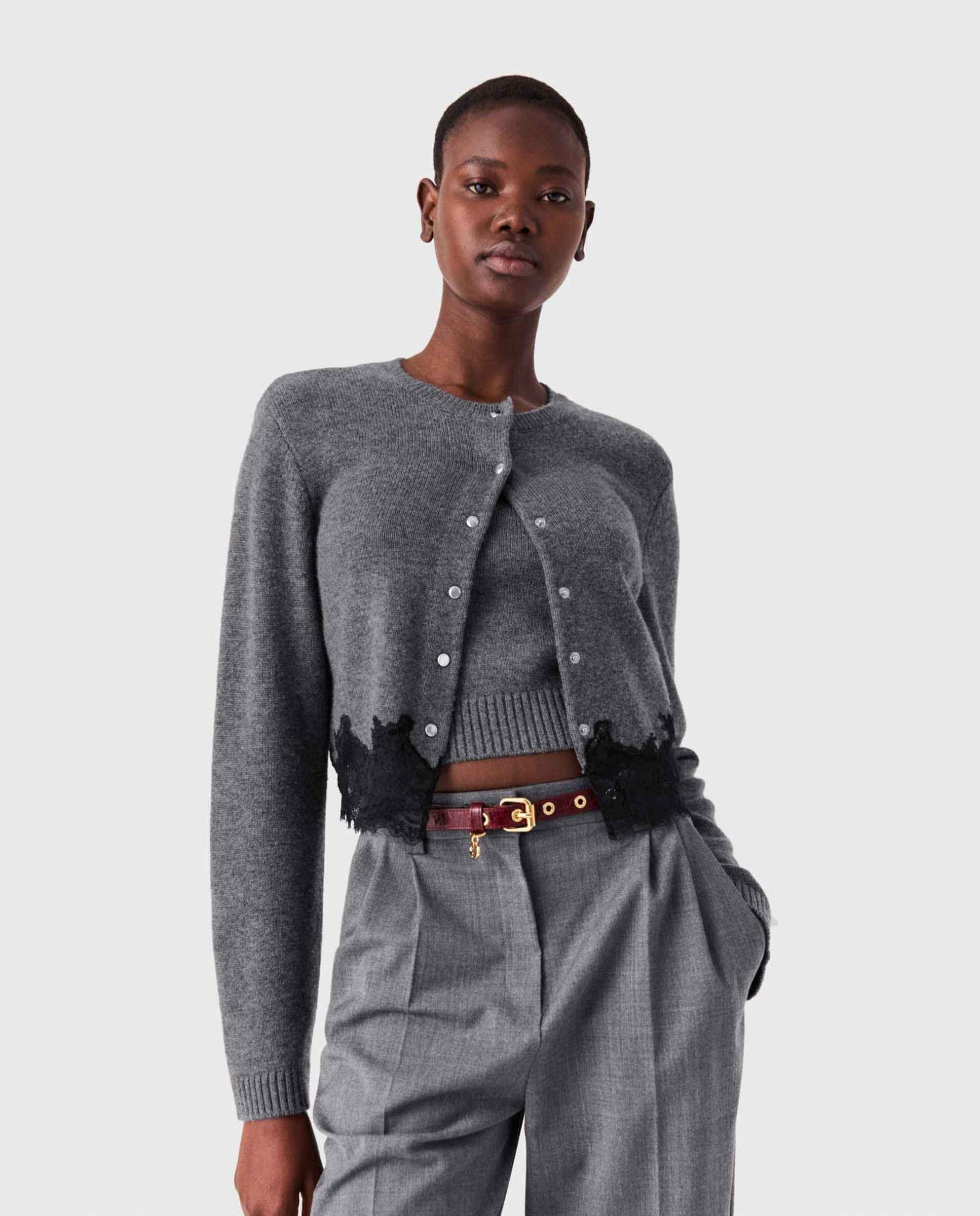 Imagen 1 de Twinset de mujer corto de lana con encaje Gris oscuro
