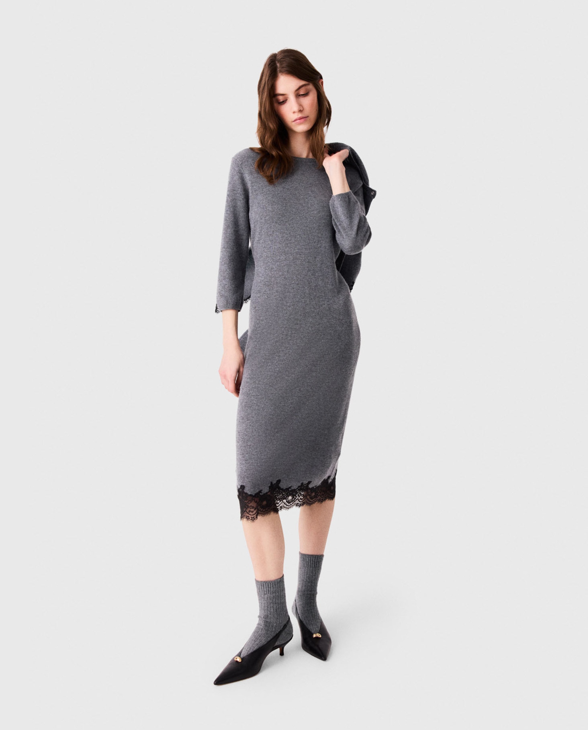 Vestido midi ajustado de lana con encaje - Maje - Gris oscuro Gris oscuro-1