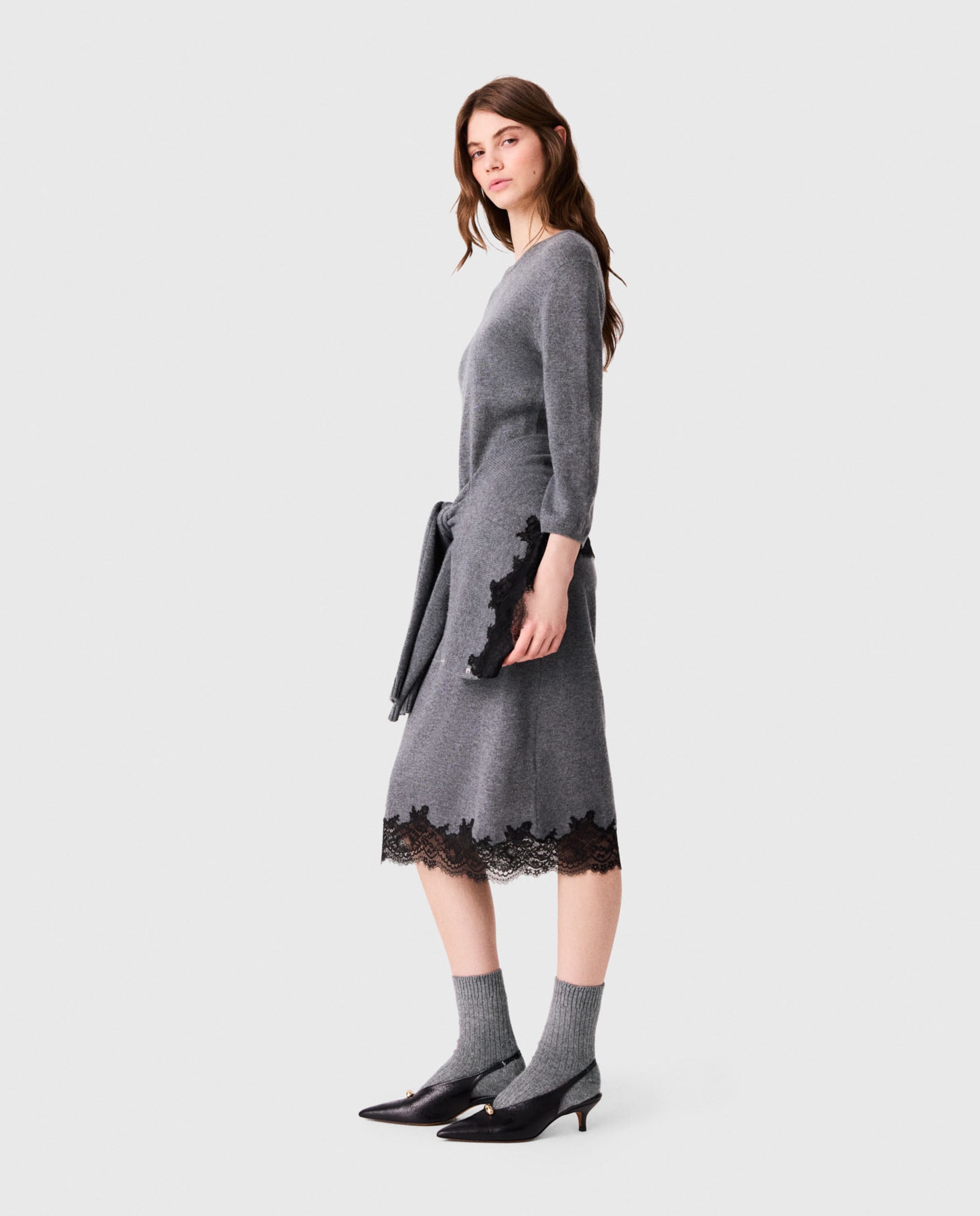 Vestido midi ajustado de lana con encaje - Maje - Gris oscuro Gris oscuro-2