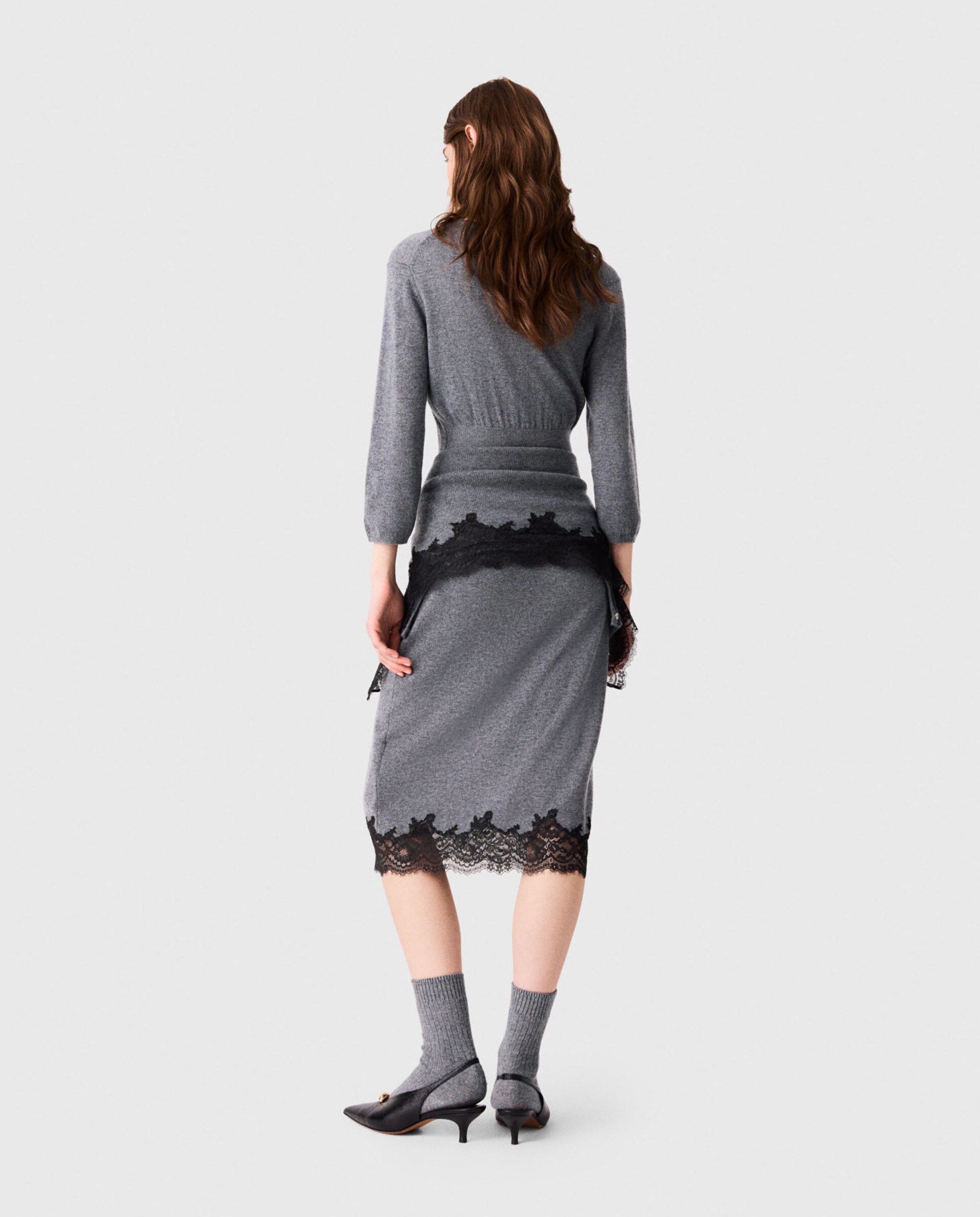 Vestido midi ajustado de lana con encaje - Maje - Gris oscuro Gris oscuro-3