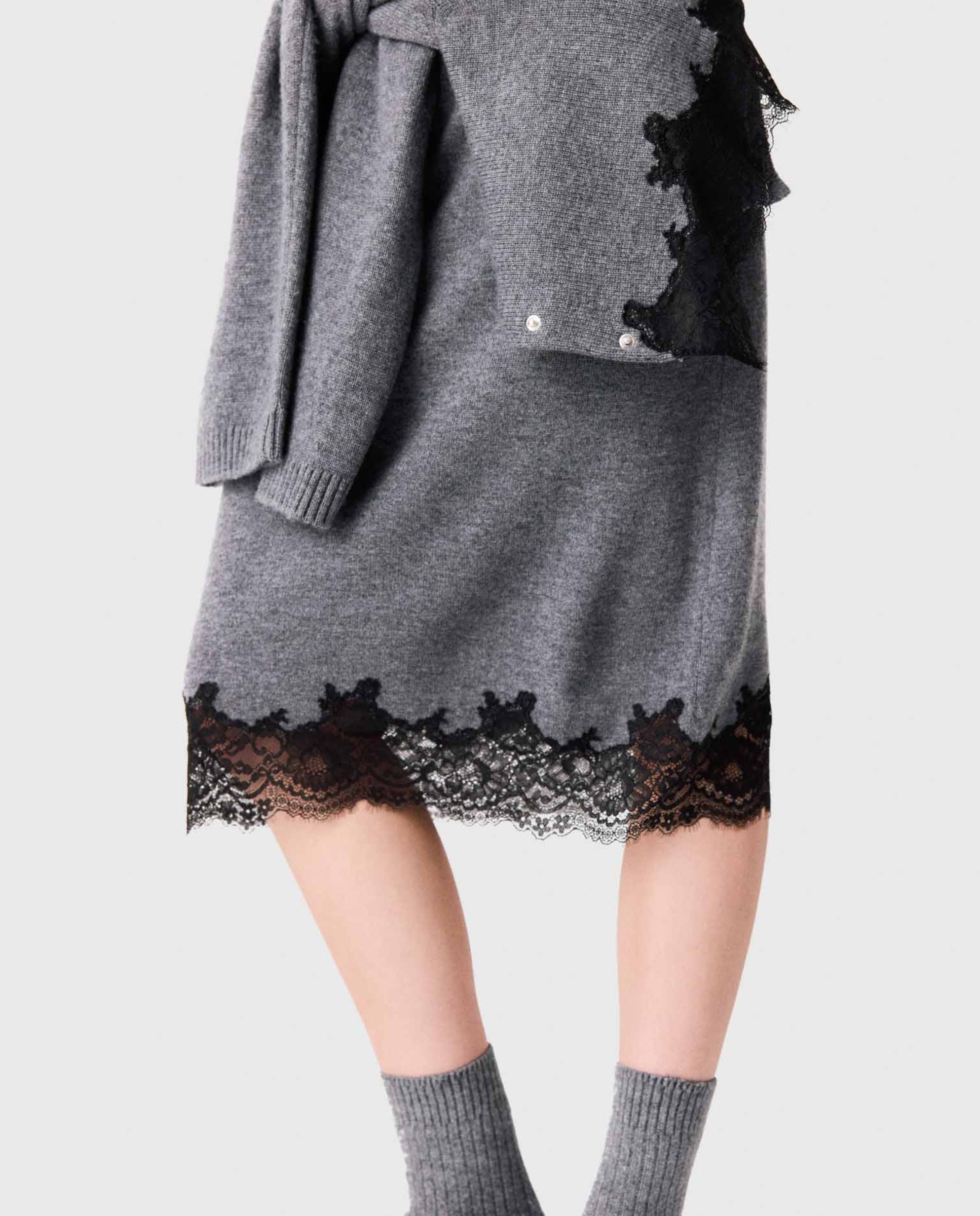 Vestido midi ajustado de lana con encaje - Maje - Gris oscuro Gris oscuro-4