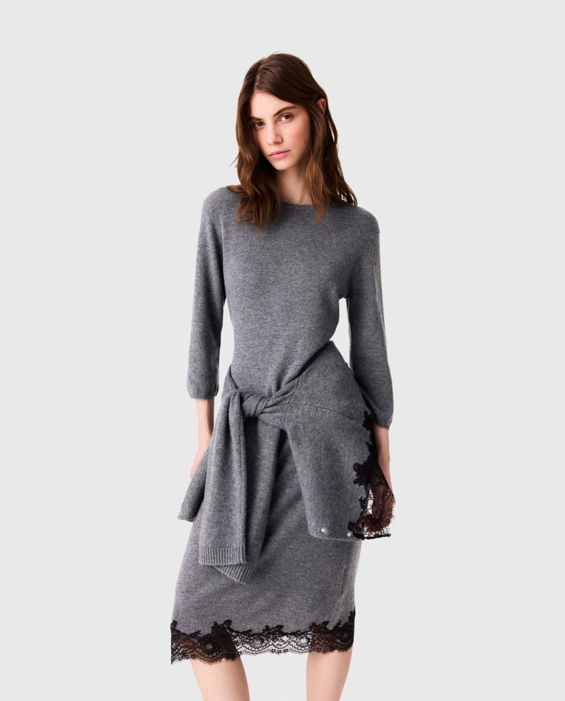 Vestido midi ajustado de lana con encaje - Maje - Gris oscuro Gris oscuro-6