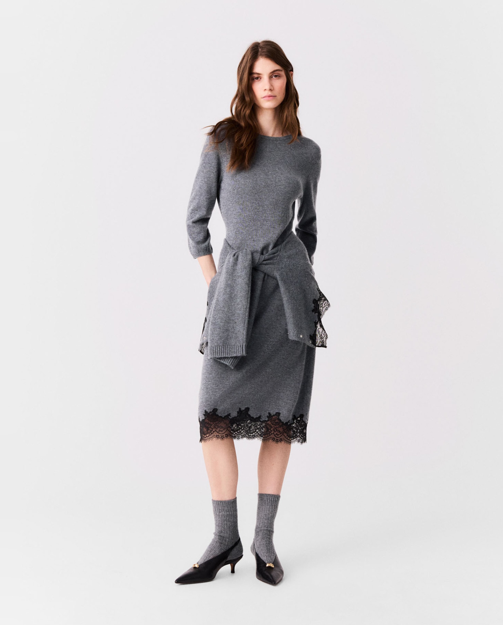 Vestido midi ajustado de lana con encaje - Maje - Gris oscuro Gris oscuro-7