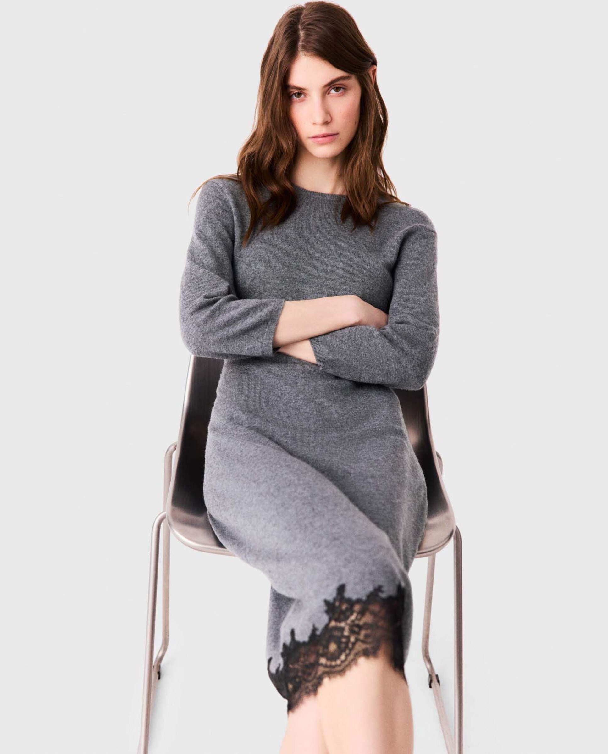 Vestido midi ajustado de lana con encaje - Maje - Gris oscuro Gris oscuro-8