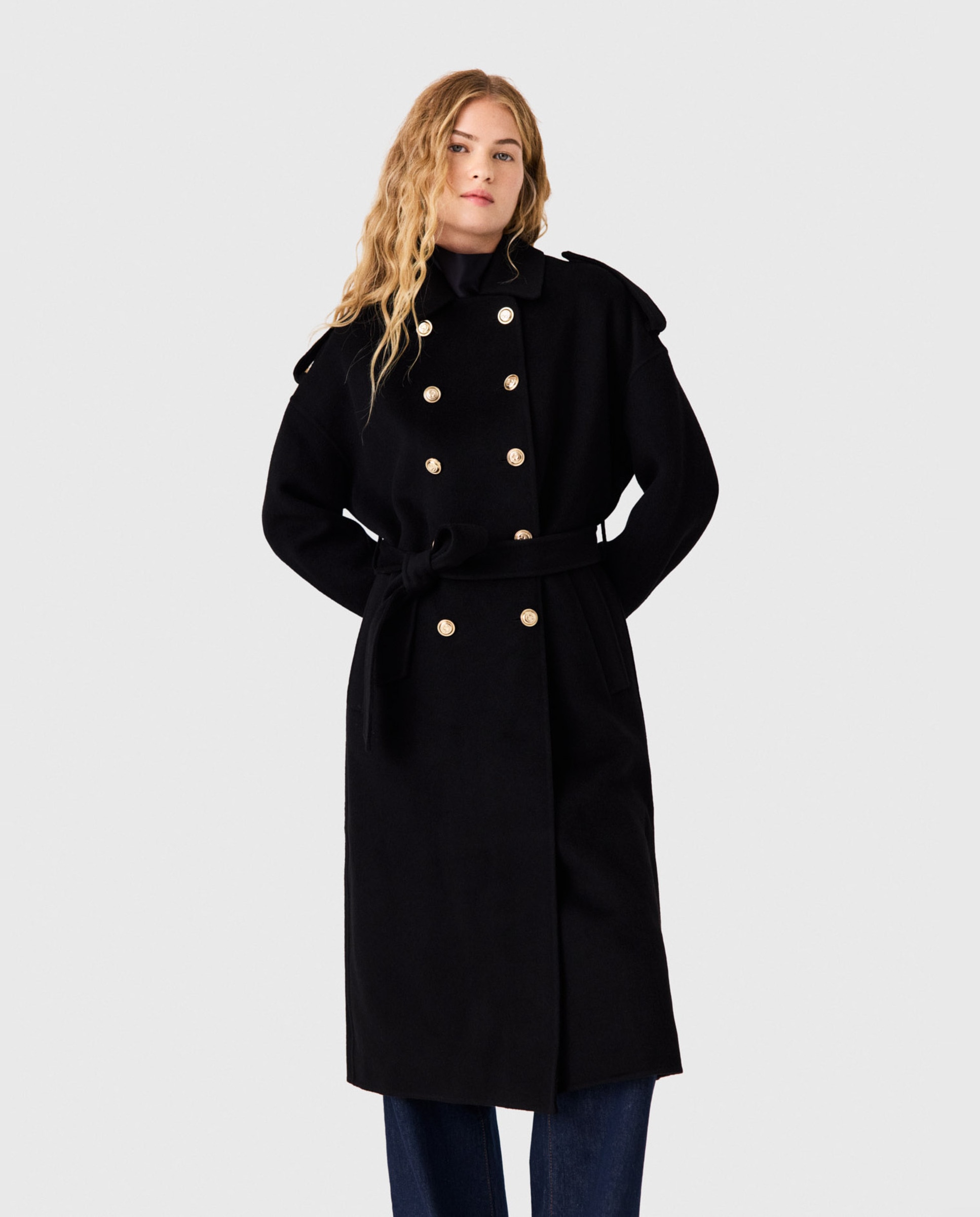 Abrigo de paño de mujer de lana de doble faz largo - Maje - Negro Negro-5