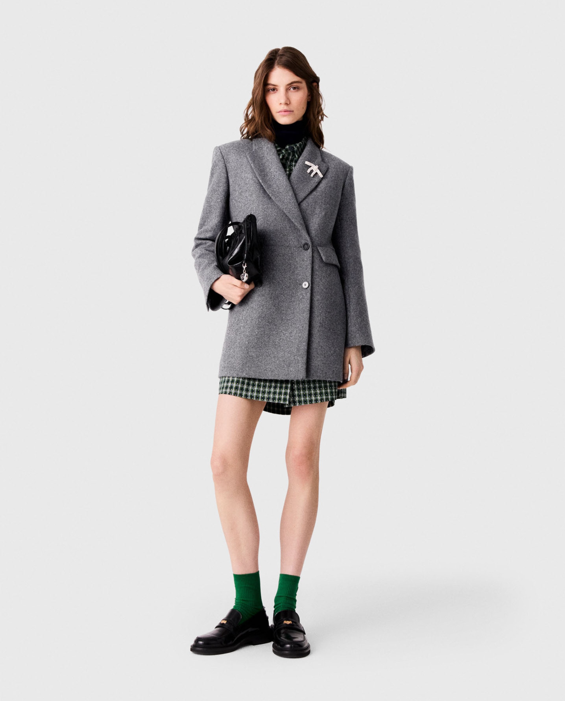 Abrigo de mujer semilargo de lana cruzado - Maje - Gris Gris-1
