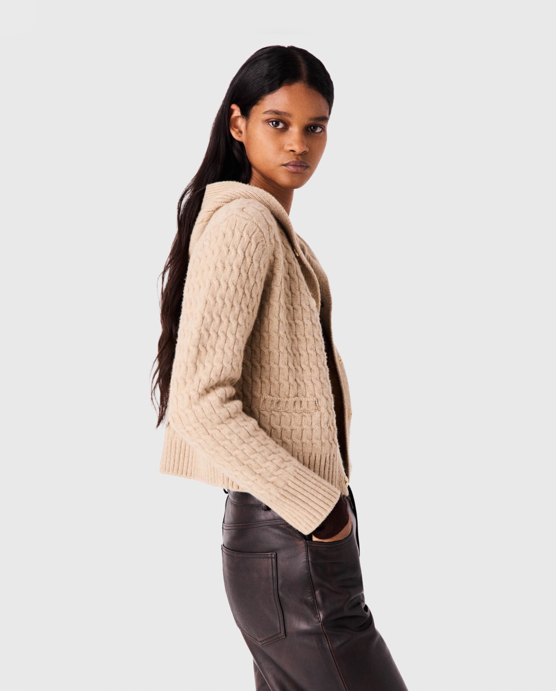 Cárdigan de mujer 100% lana con capucha - Maje - Beige Beige-3