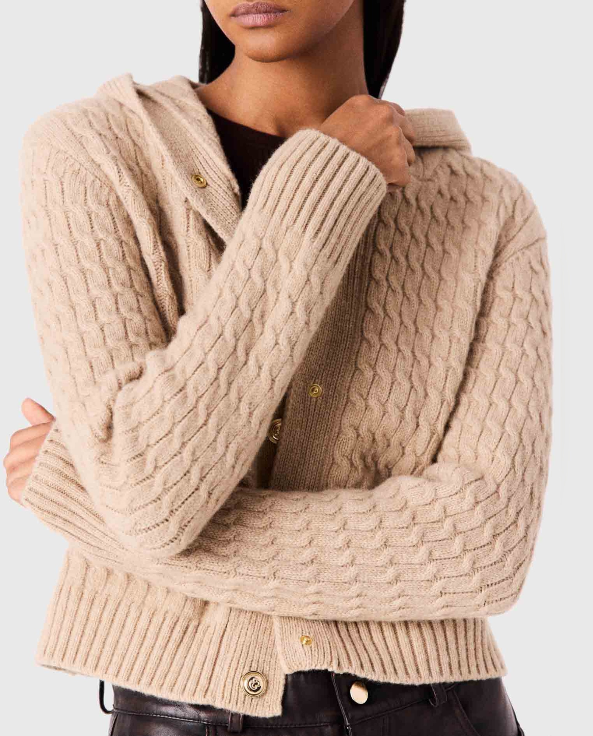 Cárdigan de mujer 100% lana con capucha - Maje - Beige Beige-5