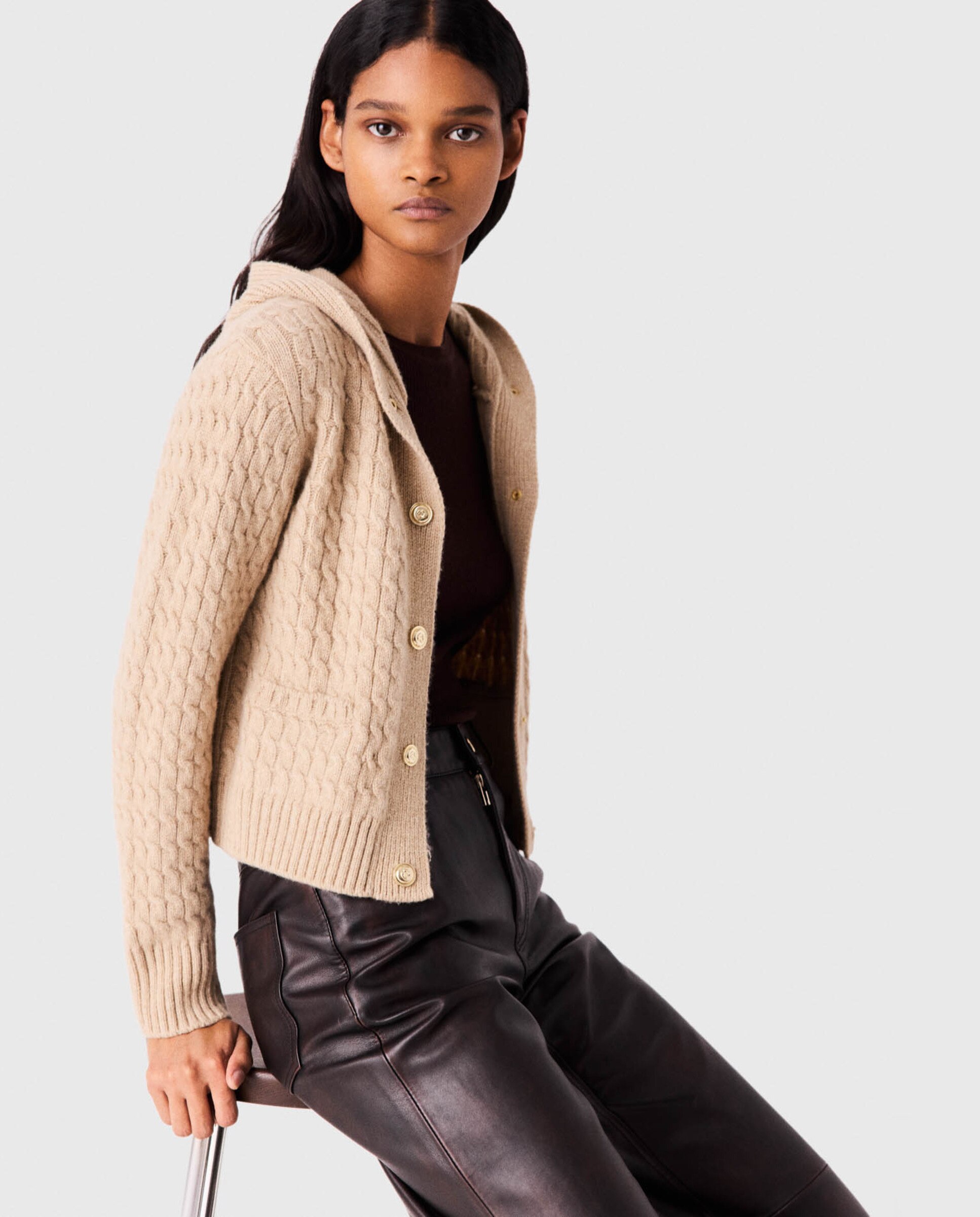 Cárdigan de mujer 100% lana con capucha - Maje - Beige Beige-6