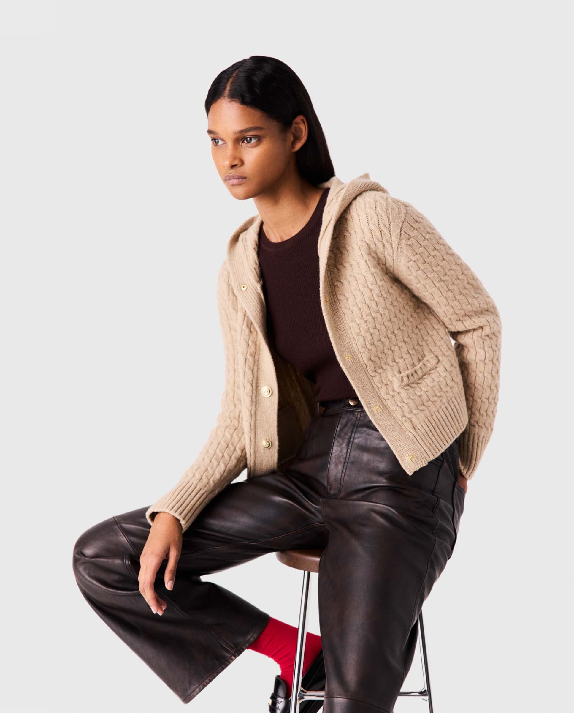 Cárdigan de mujer 100% lana con capucha - Maje - Beige Beige-7