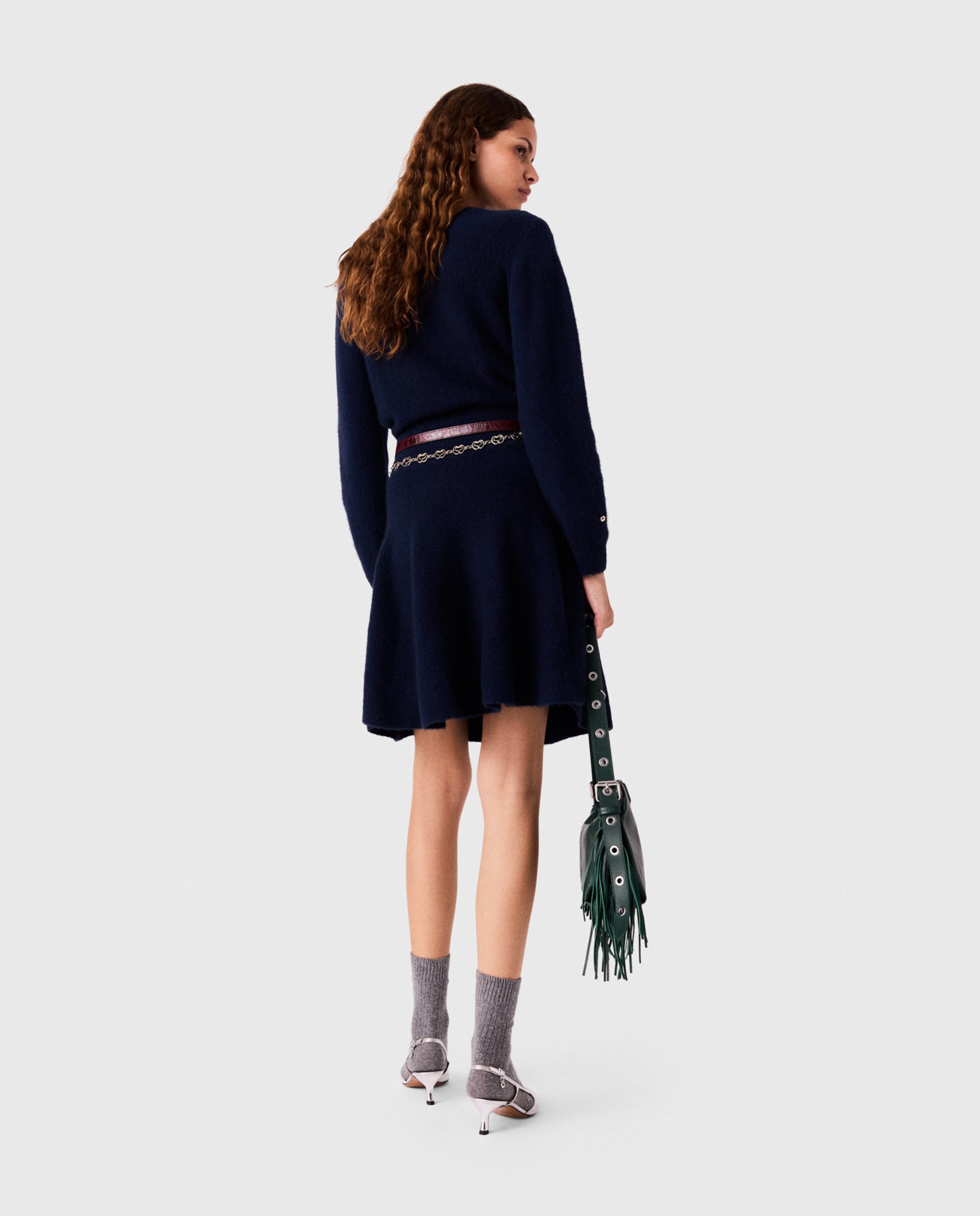 Vestido corto de punto de yak con falda acampanada - Maje - Azul marino Azul marino-3