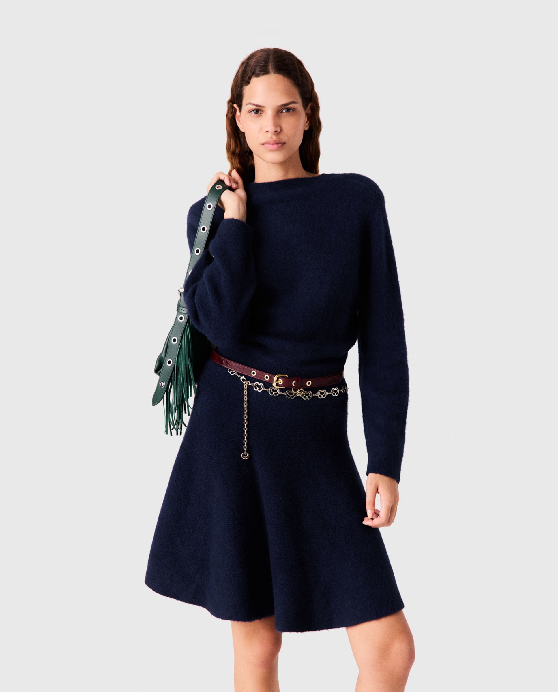 Vestido corto de punto de yak con falda acampanada - Maje - Azul marino Azul marino-5
