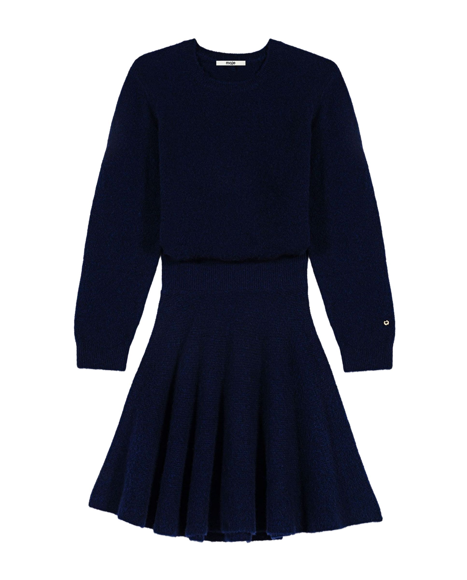 Vestido corto de punto de yak con falda acampanada - Maje - Azul marino Azul marino-8