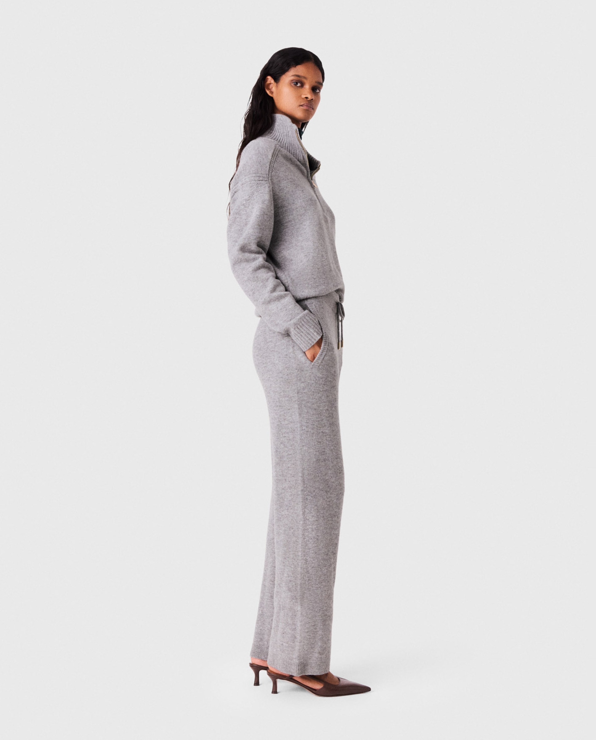 Pantalón de punto de mujer recto de tiro alto - Maje - Gris claro Gris claro-3