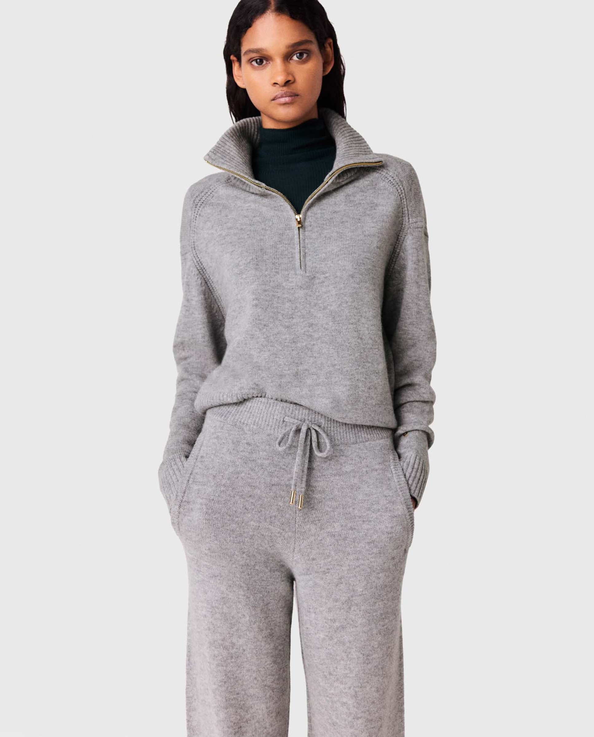 Pantalón de punto de mujer recto de tiro alto - Maje - Gris claro Gris claro-4