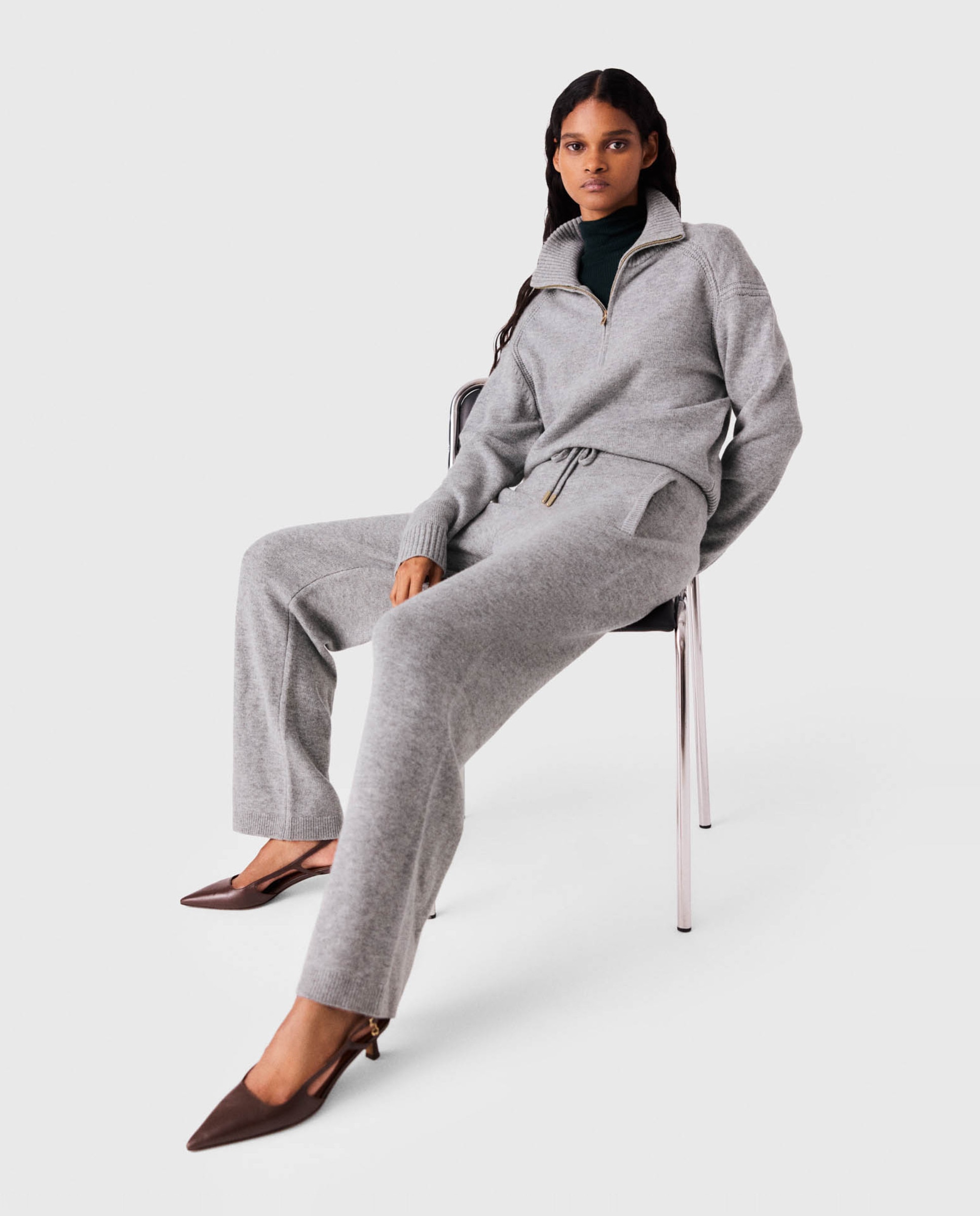 Pantalón de punto de mujer recto de tiro alto - Maje - Gris claro Gris claro-5